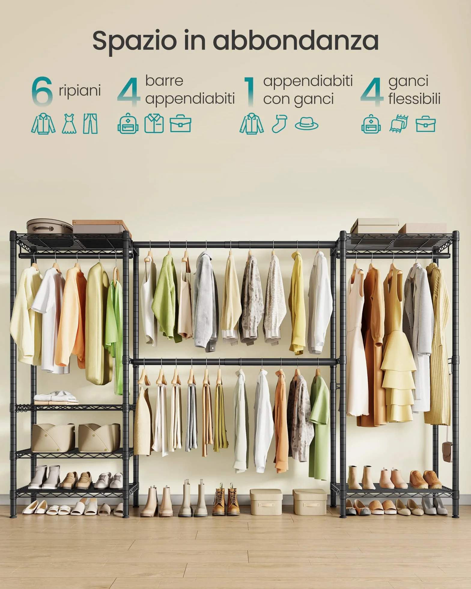 SONGMICS Appendiabiti per Carichi Pesanti, Armadio Portatile con Ripiani in Rete Regolabili e Barre Appendiabiti Estensibili, Ganci, 40 x (177-220) x 193 cm, Nero Inchiostro LGR438BH01