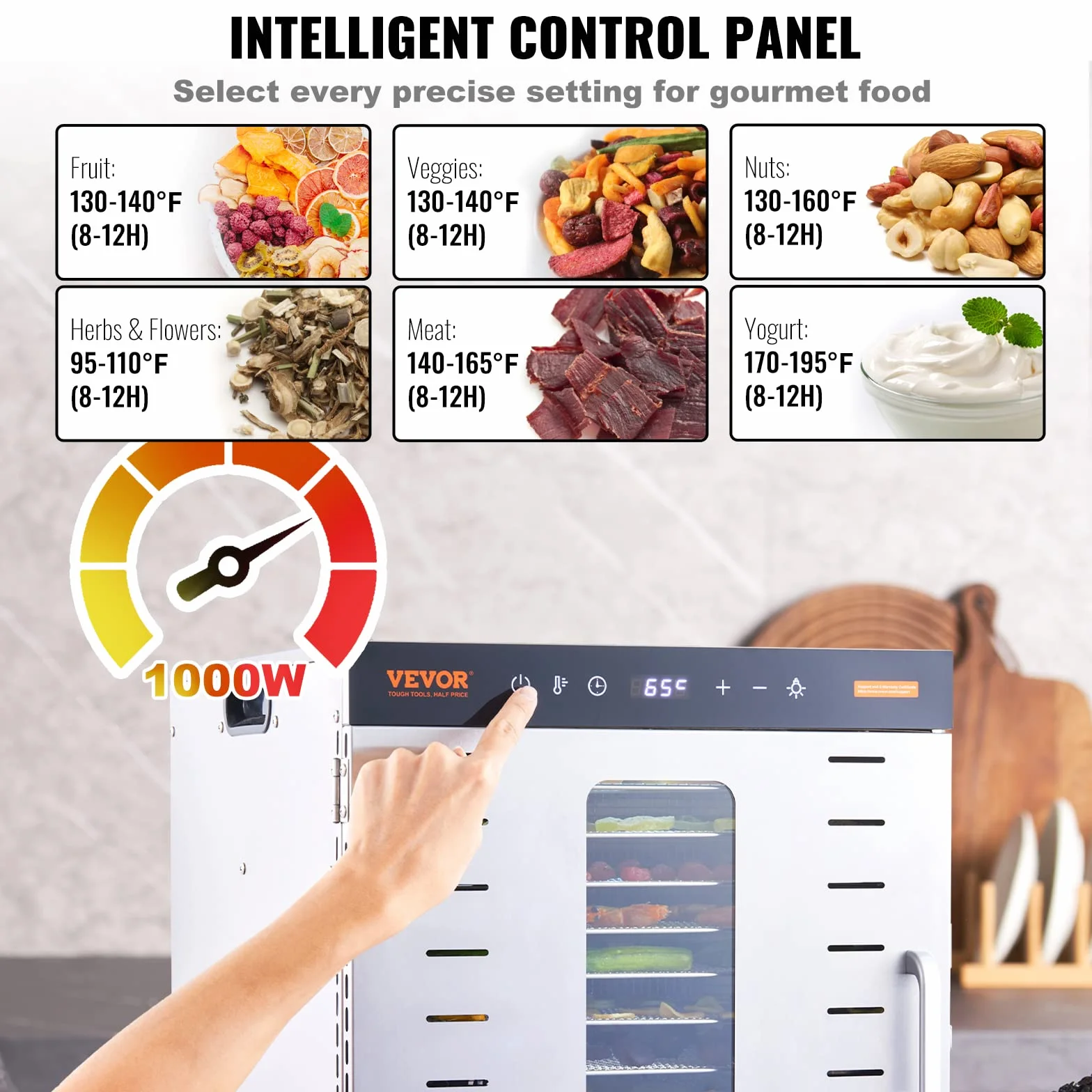 VEVOR Essiccatore Elettrico 1000W per Alimenti in Acciaio Inox 10 Vassoi Estraibili Tempo Temperatura Regolabile 30-90 ℃ Aria Circolata 360°, Macchina Essiccatrice Alimentare Domestica 46x42x46,5 cm