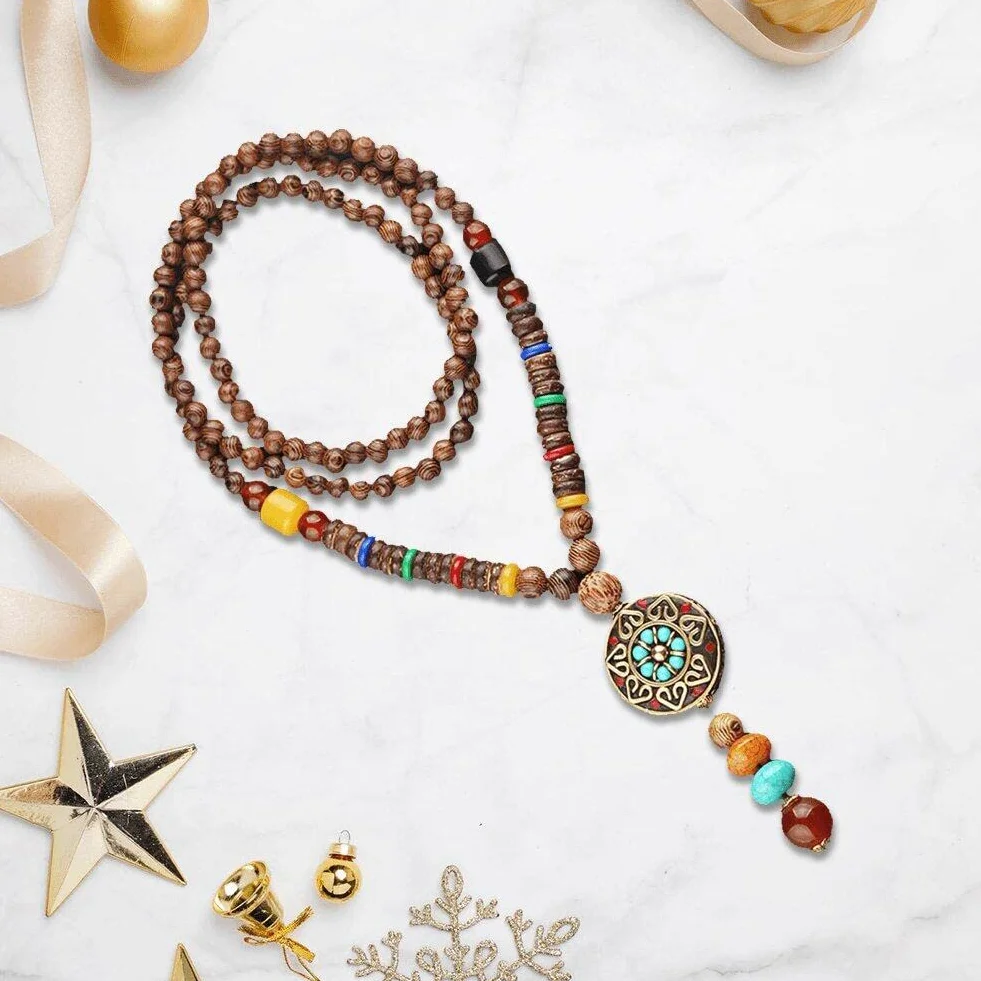 Collane di Perline in Legno Collana Vintage Etnica Fatta a Mano Nepal Meditazione Preghiera Maglione con Collana Lunga con Ciondolo