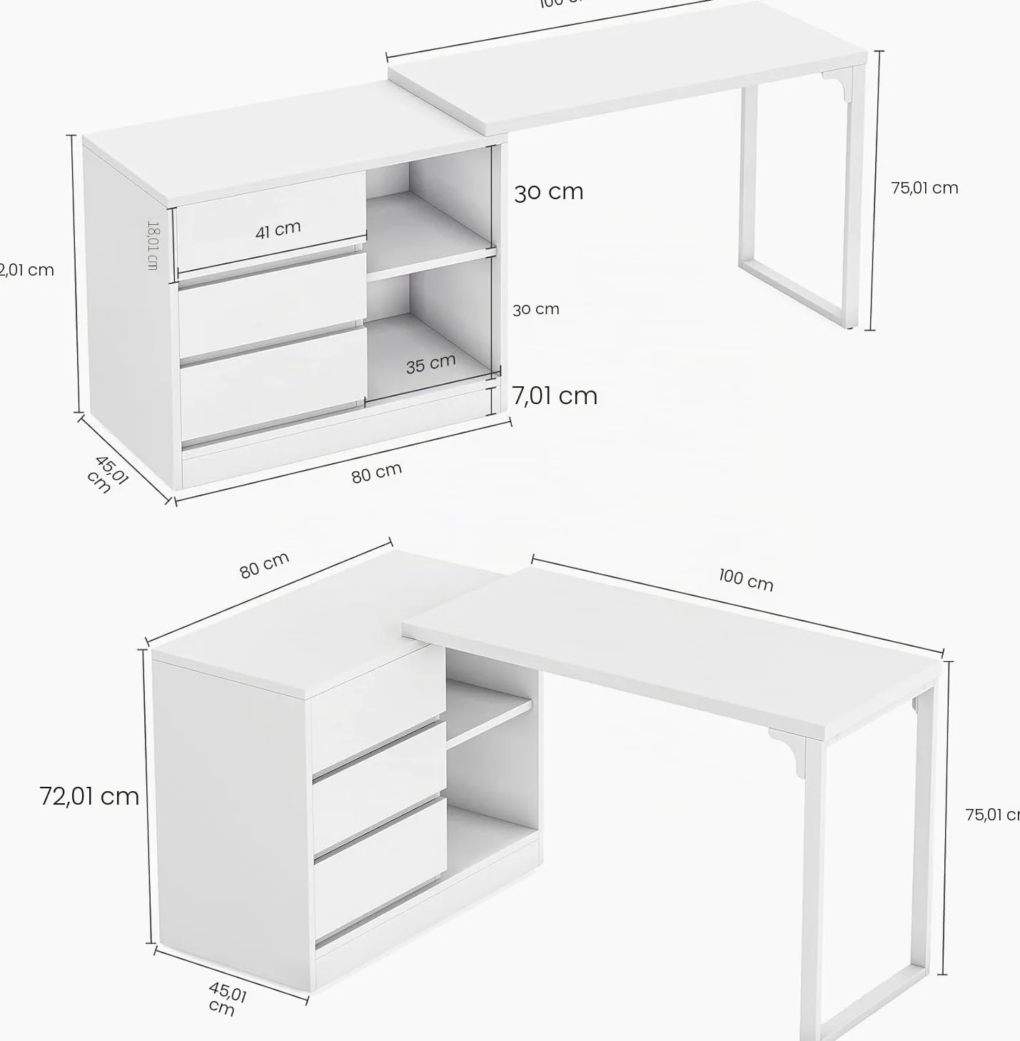 Lailang 25cm Scrivania Computer, Tavolo Angolare, Scrivania Con Cassetti, Scrittoio Elegante, Scrivania Per PC E Stampante, Mobile Scrivania, 25 x 10 x 18 cm, Bianco