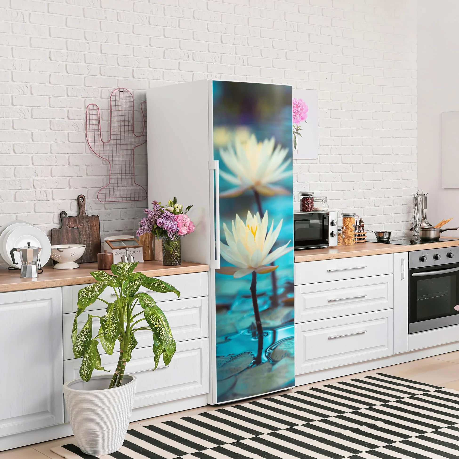 DEQORI Pellicola magnetica per frigorifero, 60 x 180 cm, motivo ninfee, serenità, tappetino magnetico decorativo per congelatore, pellicola decorativa autoadesiva, magnetica e impermeabile