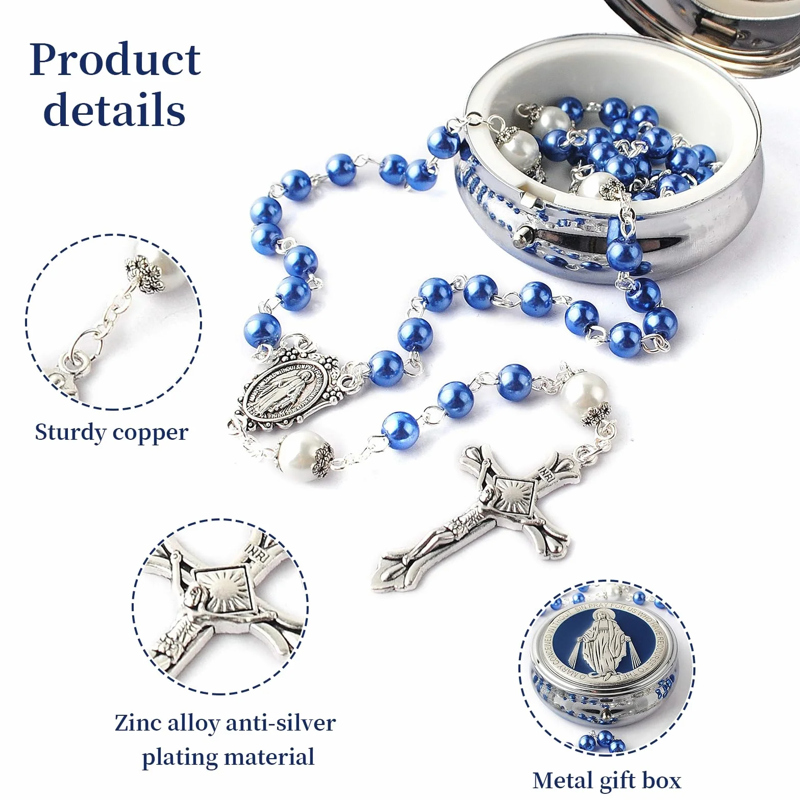 Rosario cattolico con grani di Vetro da 6 mm e grani del Padre Nostro da 8 mm, Collana con Scatola Regalo in Metallo, Rosario Blu per Prima Comunione e Personalizzato