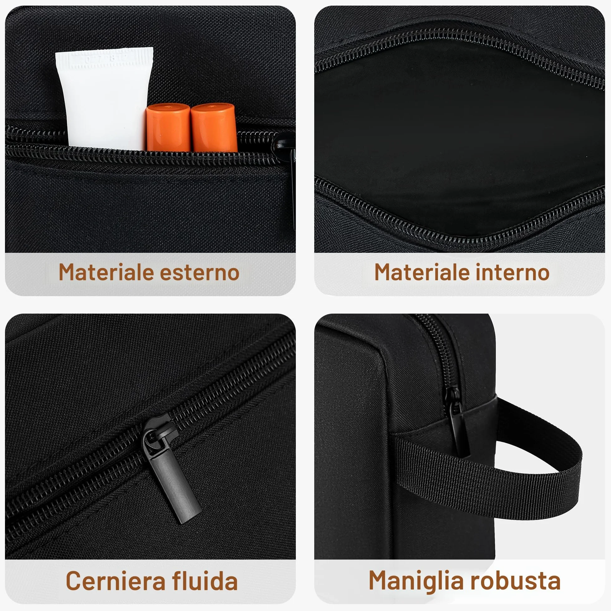 Borsa da toilette da viaggio uomo impermeabile con scomparto rasatura maniglia organizer cosmetici palestra doccia bagno Nero