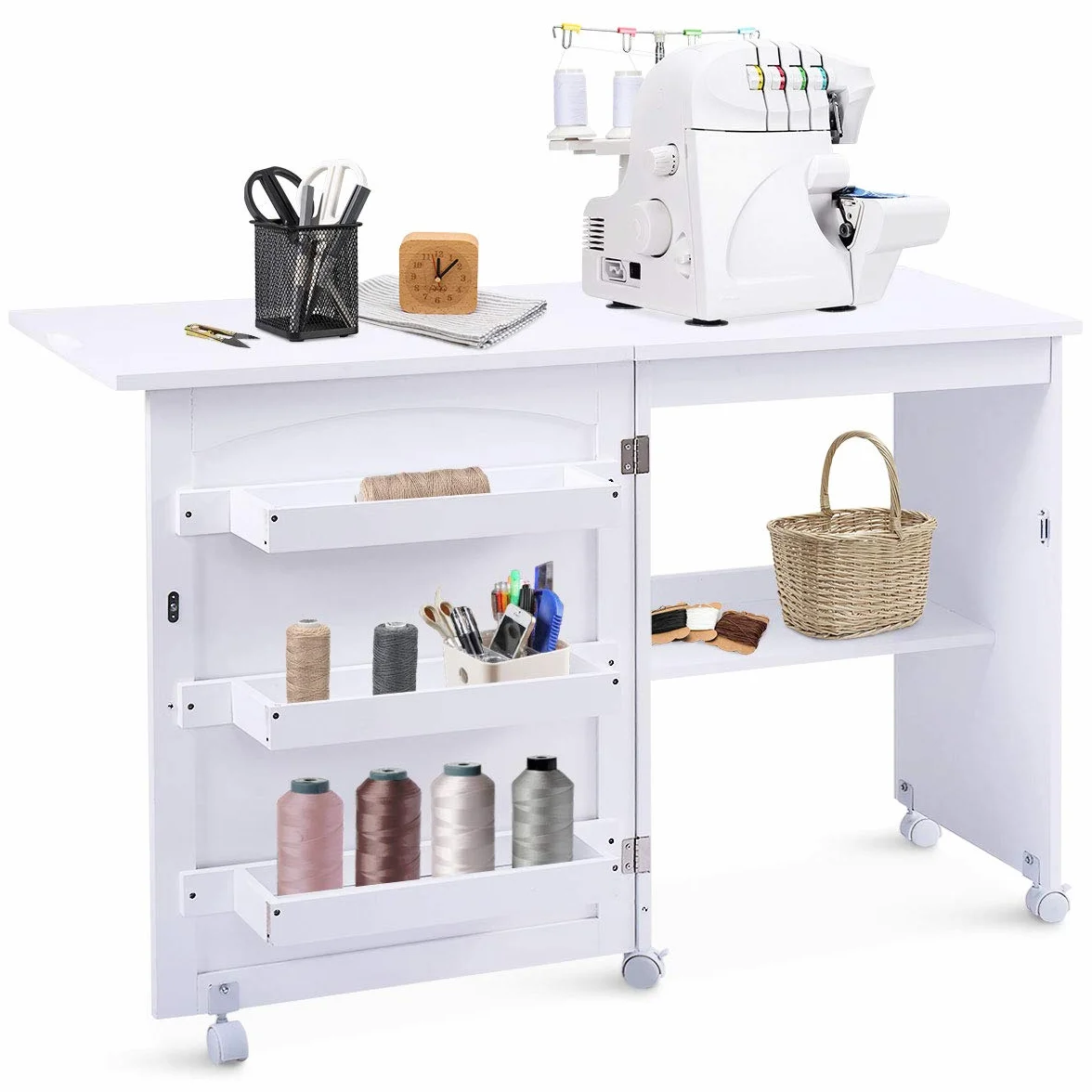 GOPLUS Mobiletto Cucito Pieghevole con Mensole e 5 Ruote Armadietto per Cucito Tavolo Allungabile per Macchina da Cucire 117x77x40 cm (Bianco)