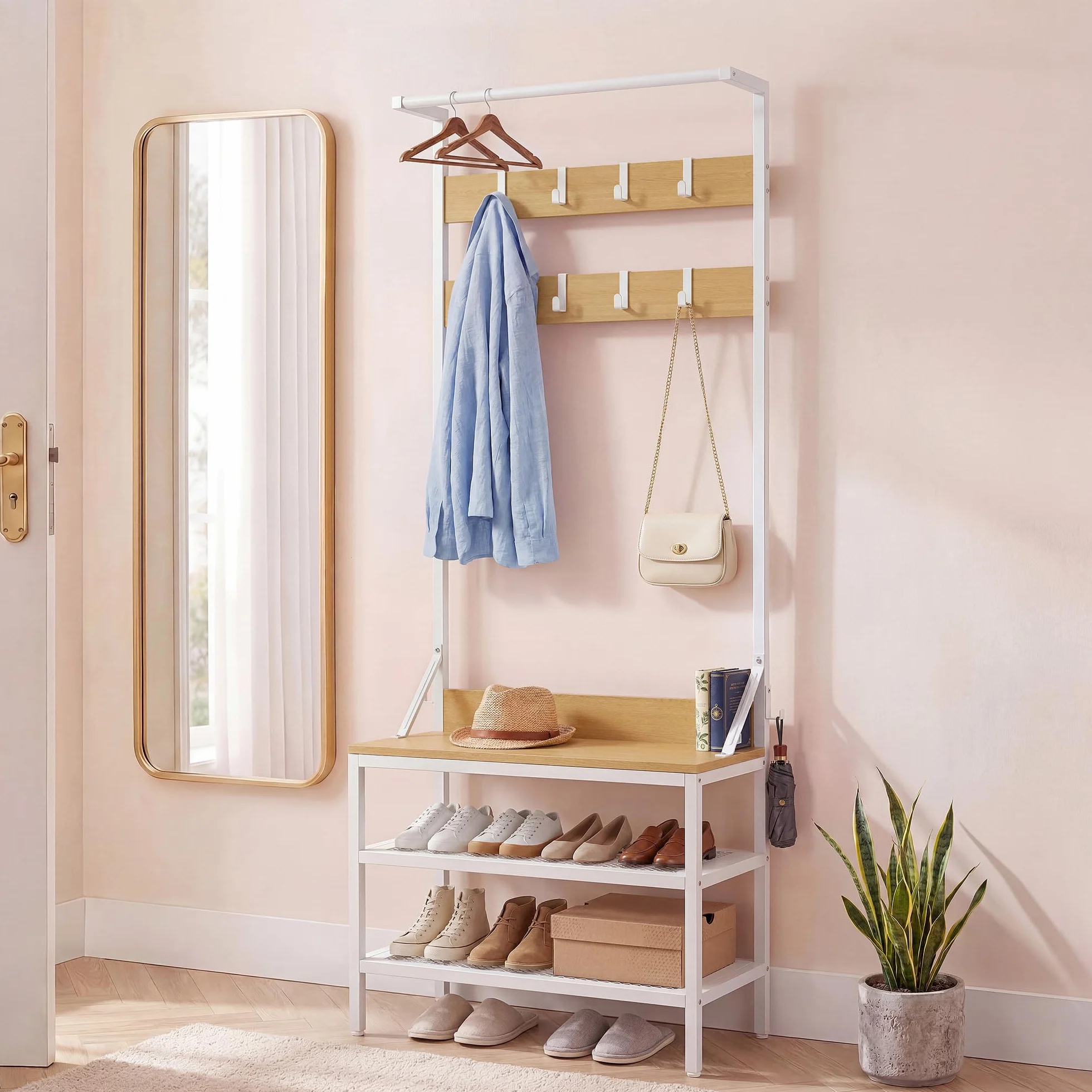 YITAHOME Appendiabiti a 2 ripiani, con porta scarpe, stand appendiabiti, industriale, con 9 ganci per corridoio, soggiorno, camera da letto, telaio in metallo
