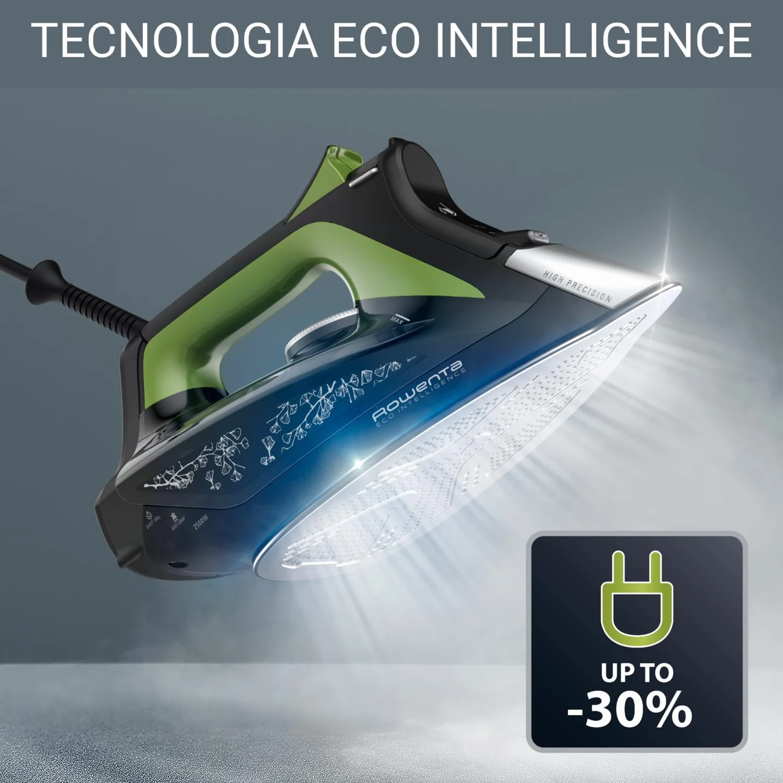 Rowenta DW6330D1 Eco Intelligence Ferro a Vapore, Distribuzione Ottimale del Vapore, 2500 W di Potenza, Tempo di Riscaldmento Rapido, 300 ml, Nero/Verde