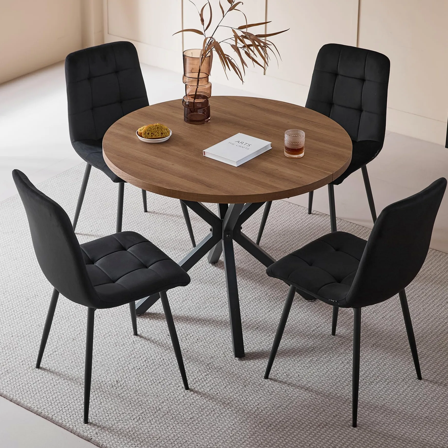 Set Sala da Pranzo, Tavolo da Pranzo Rotondo 100cm con 4 Sedia da Pranzo Imbottita in Vello Olandese, Ideale per Cucina, Soggiorno, Sala da Pranzo (Legno Scuro+Nero (Vello Olandese))