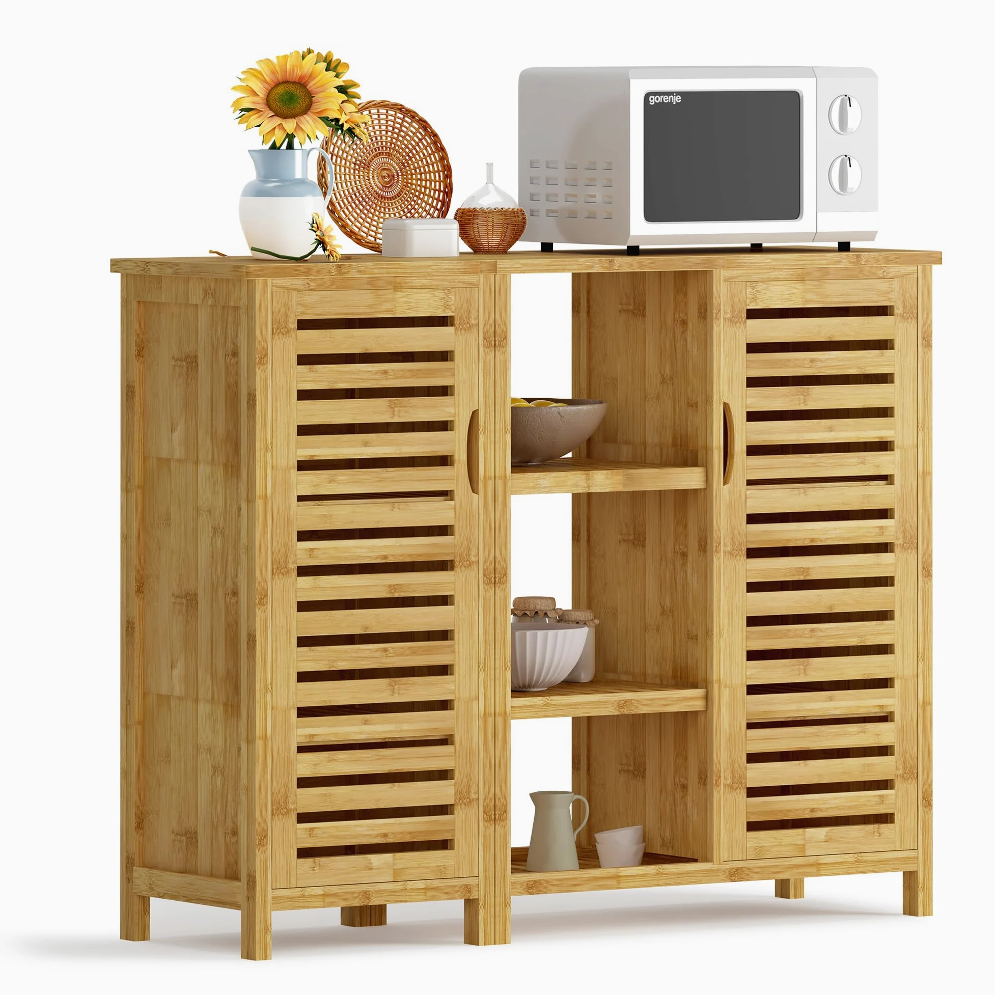 SogesPower Armadietto Portaoggetti da Bagno in Bambù Credenza Autoportante per Soggiorno, Cucina, Ufficio Domestico