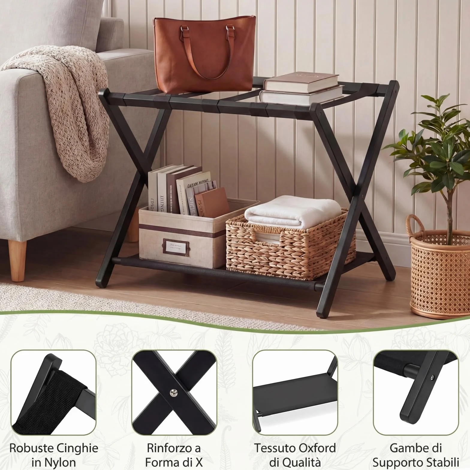 COSTWAY 2 Pz Portavaligia Pieghevole in Bamboo con Cinghie, Tessuto Oxford, Portata 65 kg, Nero