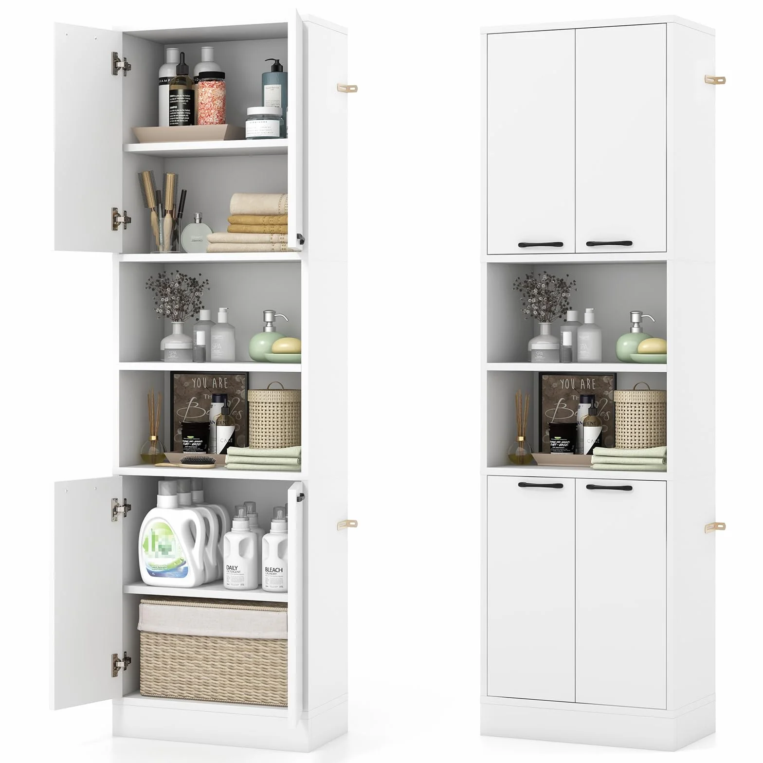 GIANTEX Credenza da Cucina Alta 190 cm con 4 Ante, 2 Scomparti Aperti e 6 Ripiani, 4 Kit Antiribaltamento, Armadio Portaoggetti per Cucina e Bagno