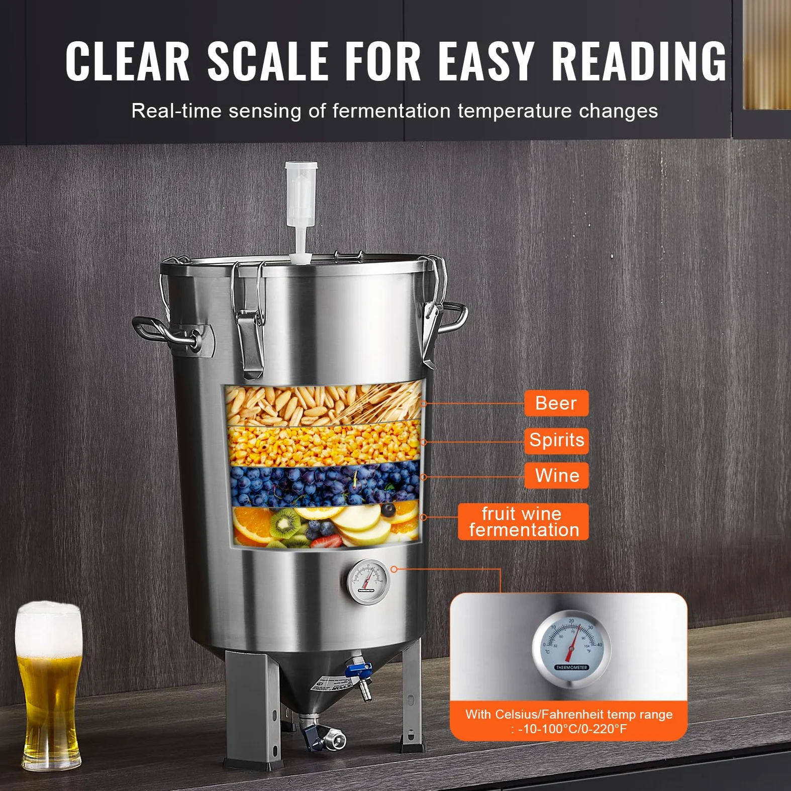 VEVOR Sistema di Produzione di Birra, Dispositivo per Produzione di Birra fermentatore in Acciaio Inox capienza 30 L, Fermentatore a Secchio per Birra, Accessori per Produzione di Birra