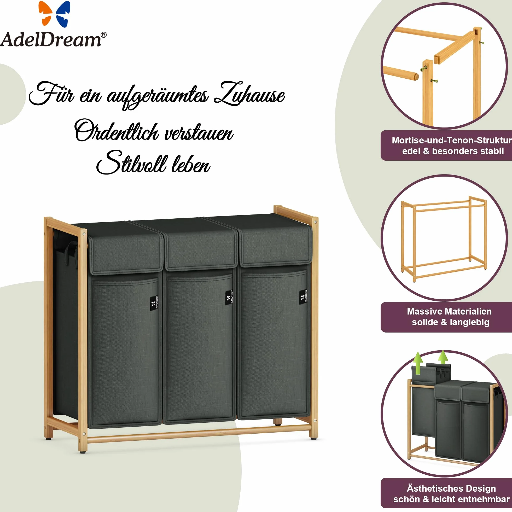 AdelDream Cesto per Biancheria, Separatore per Vestiti, 3 Scomparti, Carrello per Biancheria con Tasche Rimovibili, Bambù 150 L, Grigio Scuro
