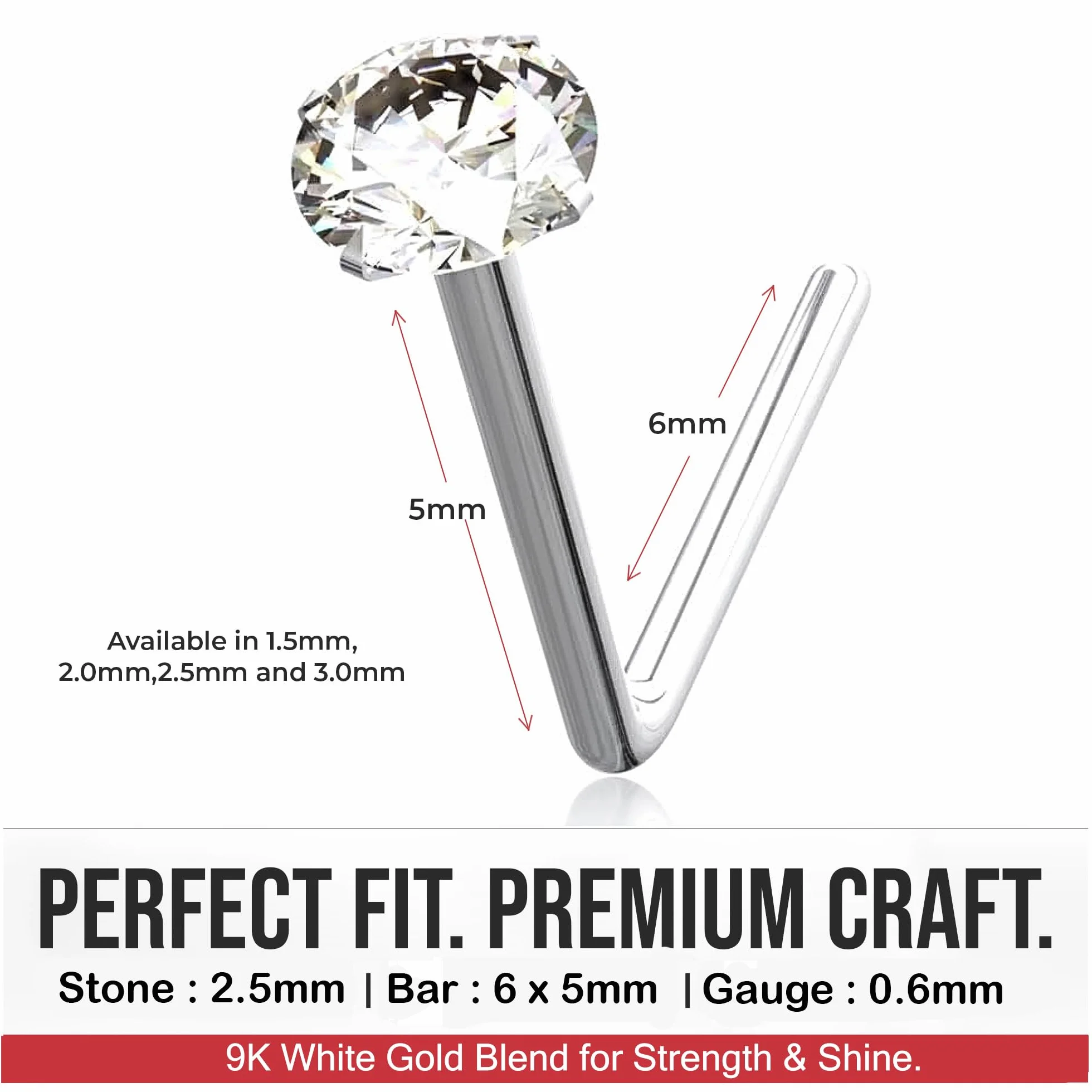 Perno del naso Piercing in Oro Bianco 9k con CZ Rotondo Forcone L Bend