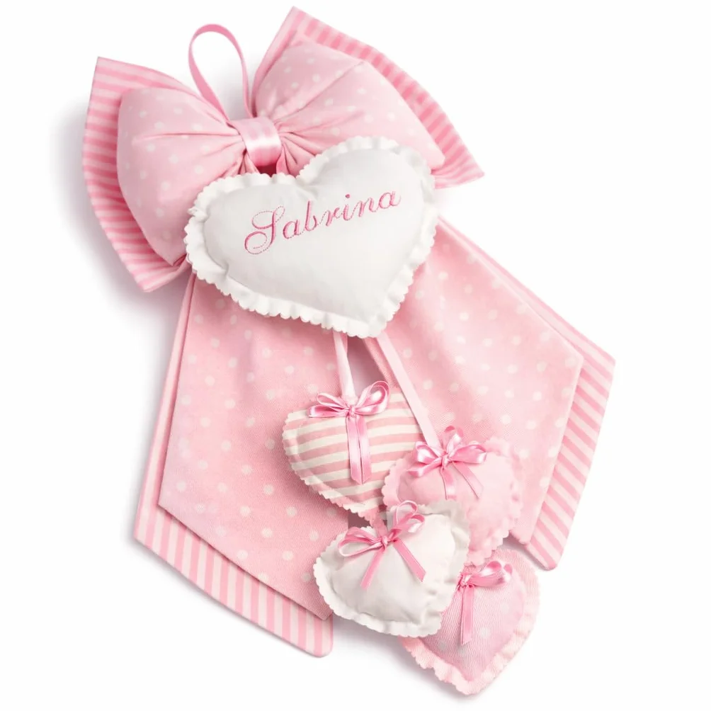 Fiocco Nascita personalizzato con nome sul cuore 52 x 35 cm Pois-rosa