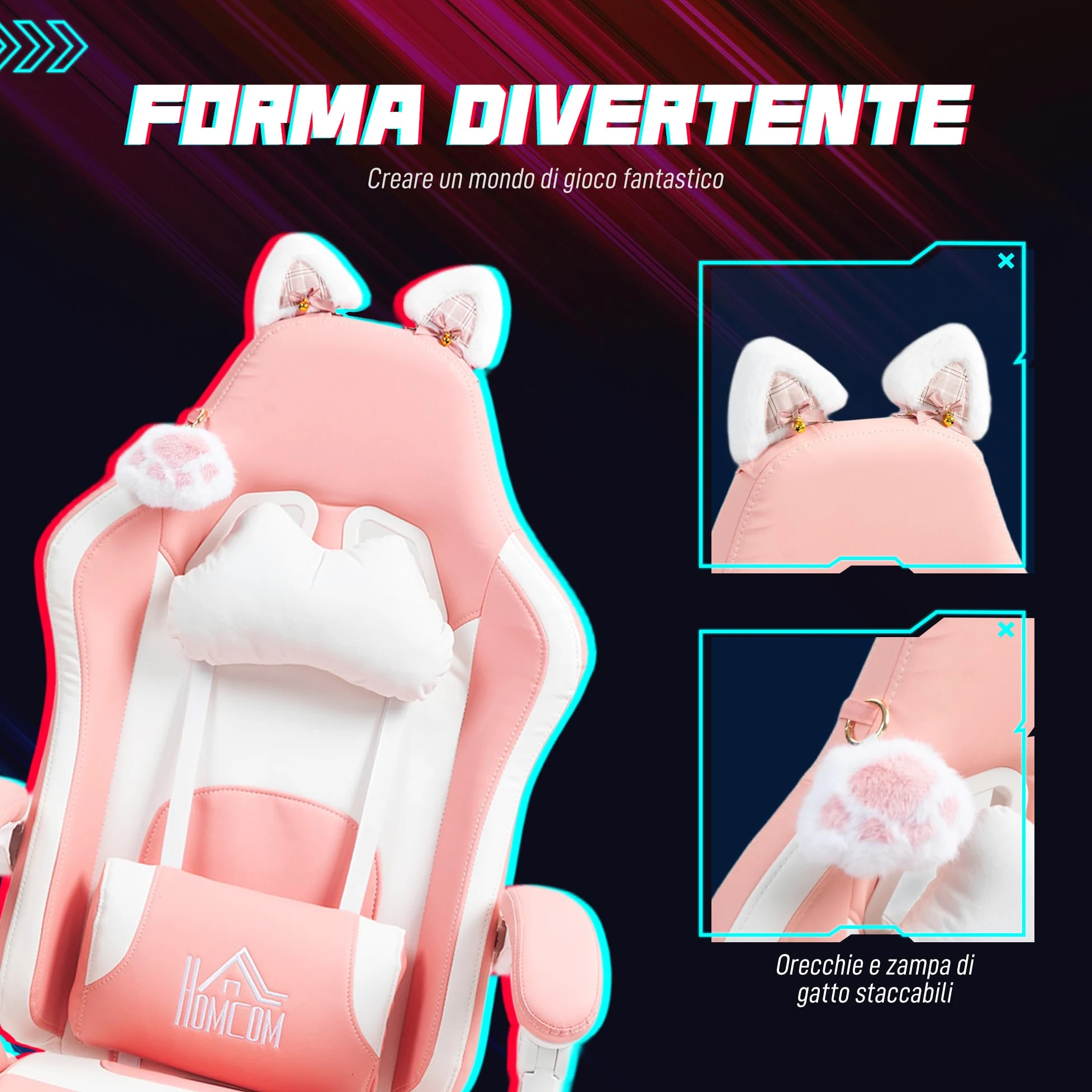 HOMCOM Sedia Gaming Ergonomica con Orecchie da Gatto, Poltrona Gaming Ufficio Reclinabile in Finta Pelle con Poggiapiedi, Poggiatesta e Altezza Regolabile, Supporto Lombare e Cervicale, Rosa