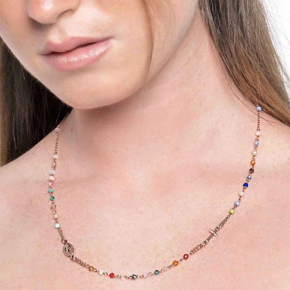 Linea Italia Gioielli Collana Rosario Girocollo Donna Argento 925 Placcato Rosa Pietre Colorate Croce Medaglietta Madonna Made In Italy