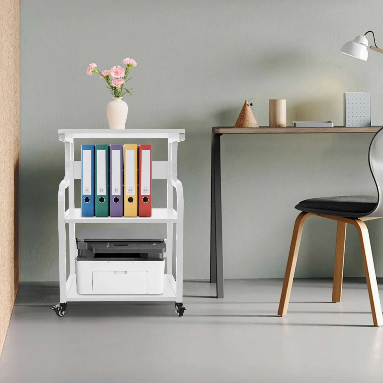 Tavolo per stampante a 3 livelli con ruote universali, 50 x 40 x 74,5 cm, in metallo, oltre 80 kg, per uffici domestici, uffici aziendali, sale di studio, spazi di stampa