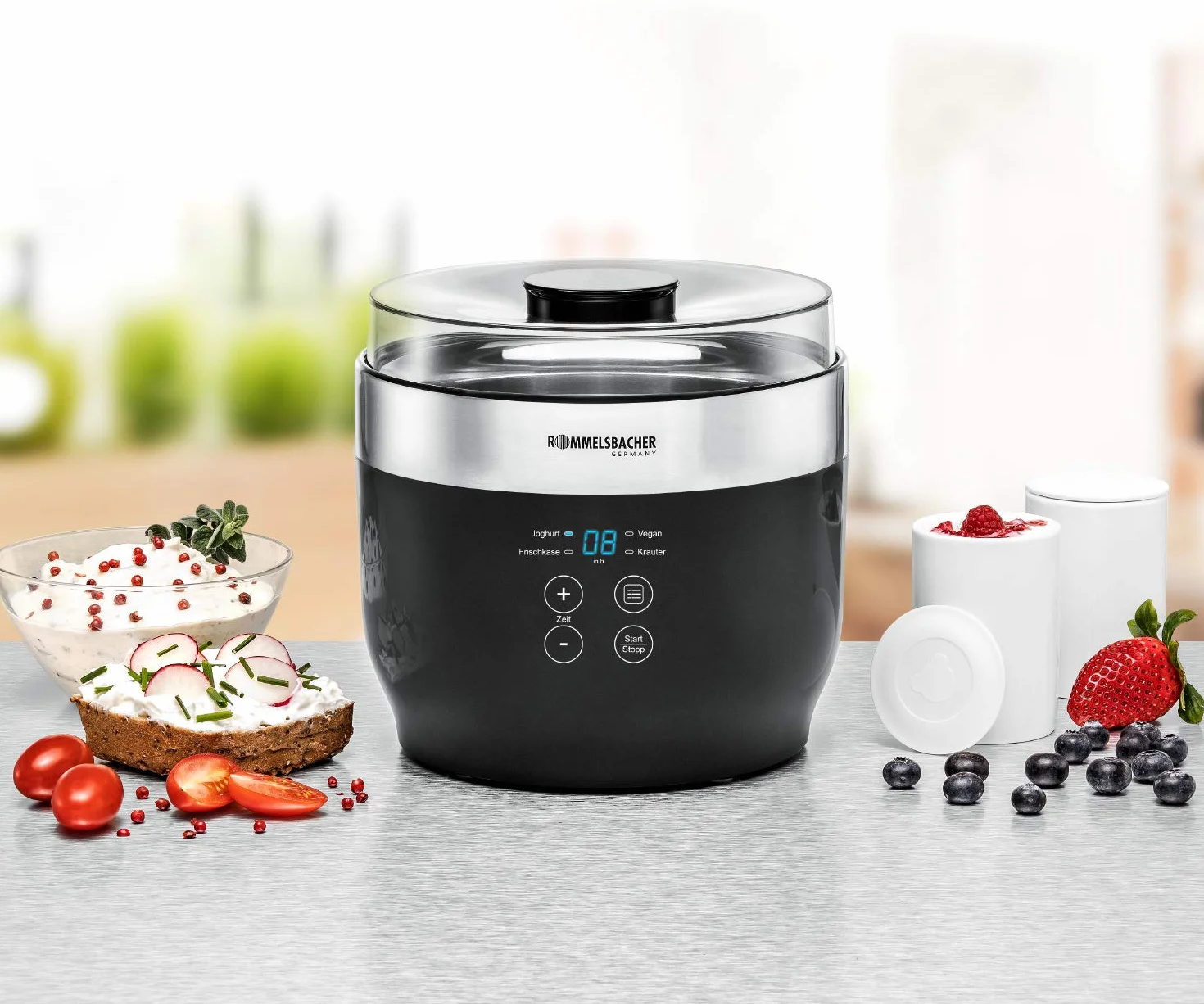 ROMMELSBACHER JG 80 “Jona” - Macchina per yogurt e formaggio fresco 4 bicchieri da porzione in ceramica 125 ml, 2 contenitori in vetro XXL 1,2 l, 4 programmi preimpostati con diverse temperature
