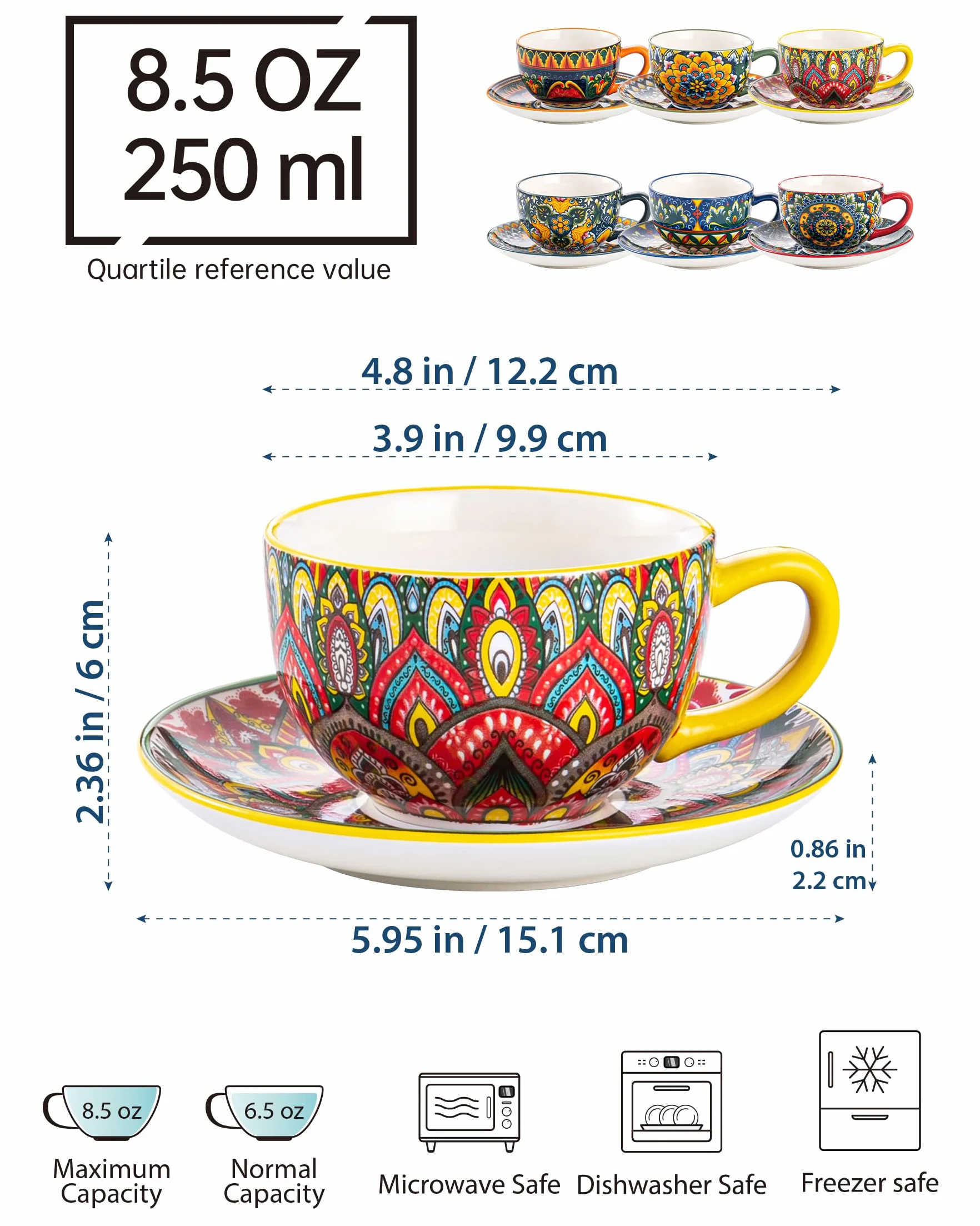 Henten Home Servizio da Caffè in Porcellana, Tazze da Caffè Servizi 12 Pezzi, Colorato, Dipinto a Mano, Set da Caffè per 6 Persone, include Tazze da Caffè, Piattini