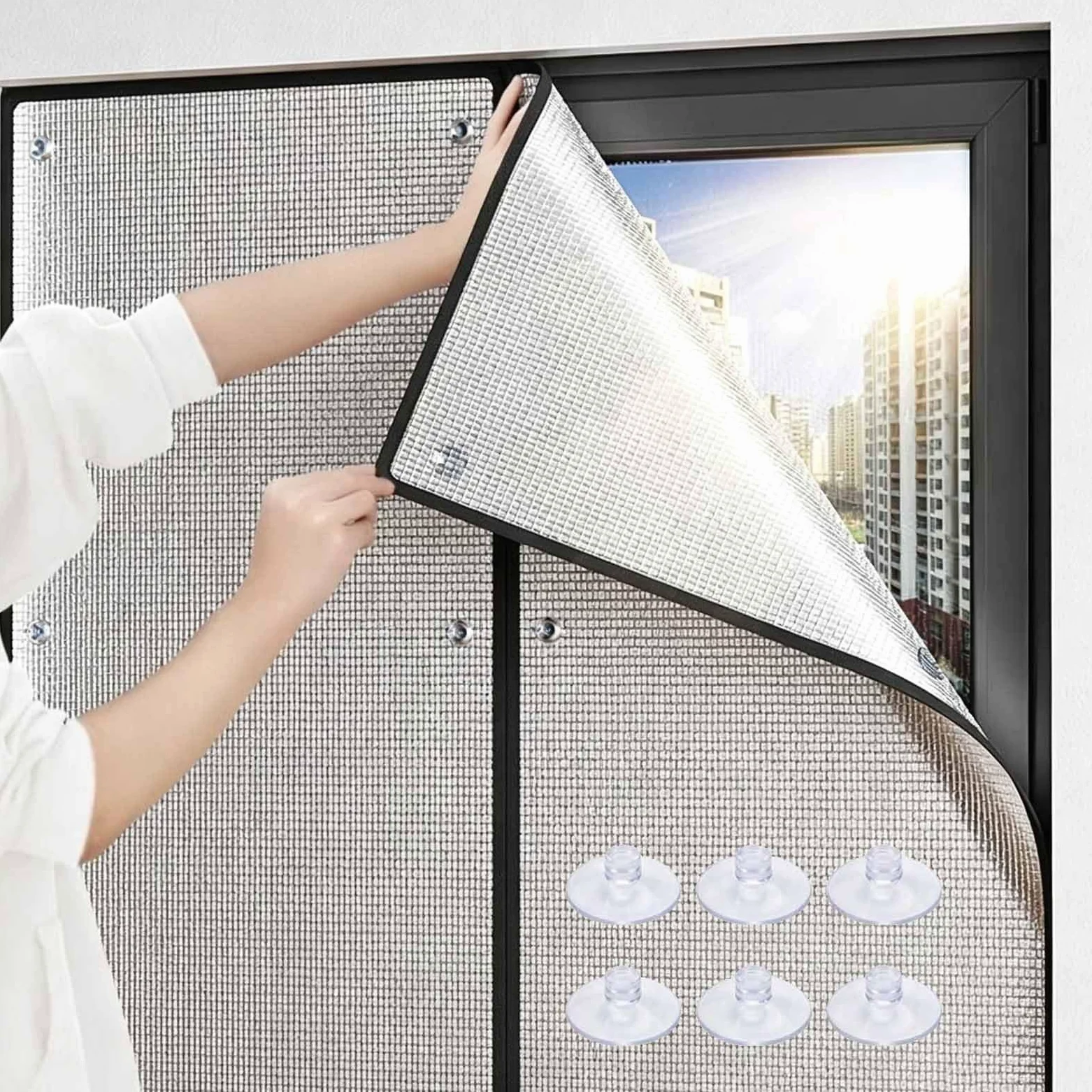 Pellicola Isolante Per Vetri Con Ventose, Pellicole Termico Oscurante In Alluminio, Pellicola Riflettente Anti Calore E Freddo，Protezione Privacy Per Bagno,Ufficio,Soggiorno(Nero,140x230cm)