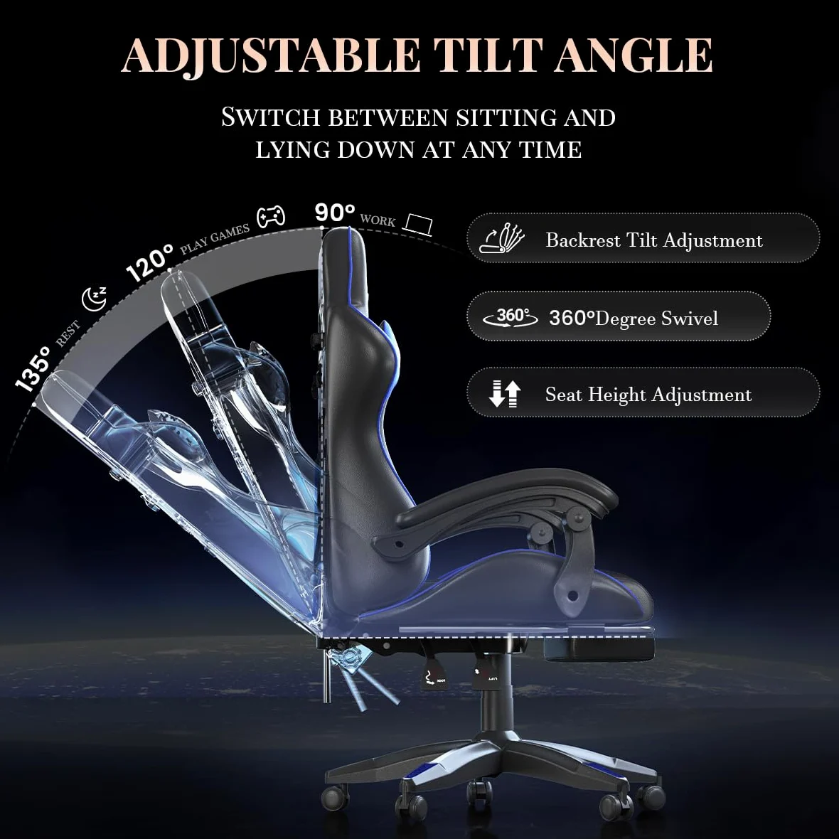 bigzzia Sedia Gaming, Sedie Ergonomica con Poggiapiedi per Videogiochi, Sedia da Gaming con Cuscino Lombare Massaggiante e Poggiatesta per Giocare, Studiare e Lavorare in Ufficio (Blu)
