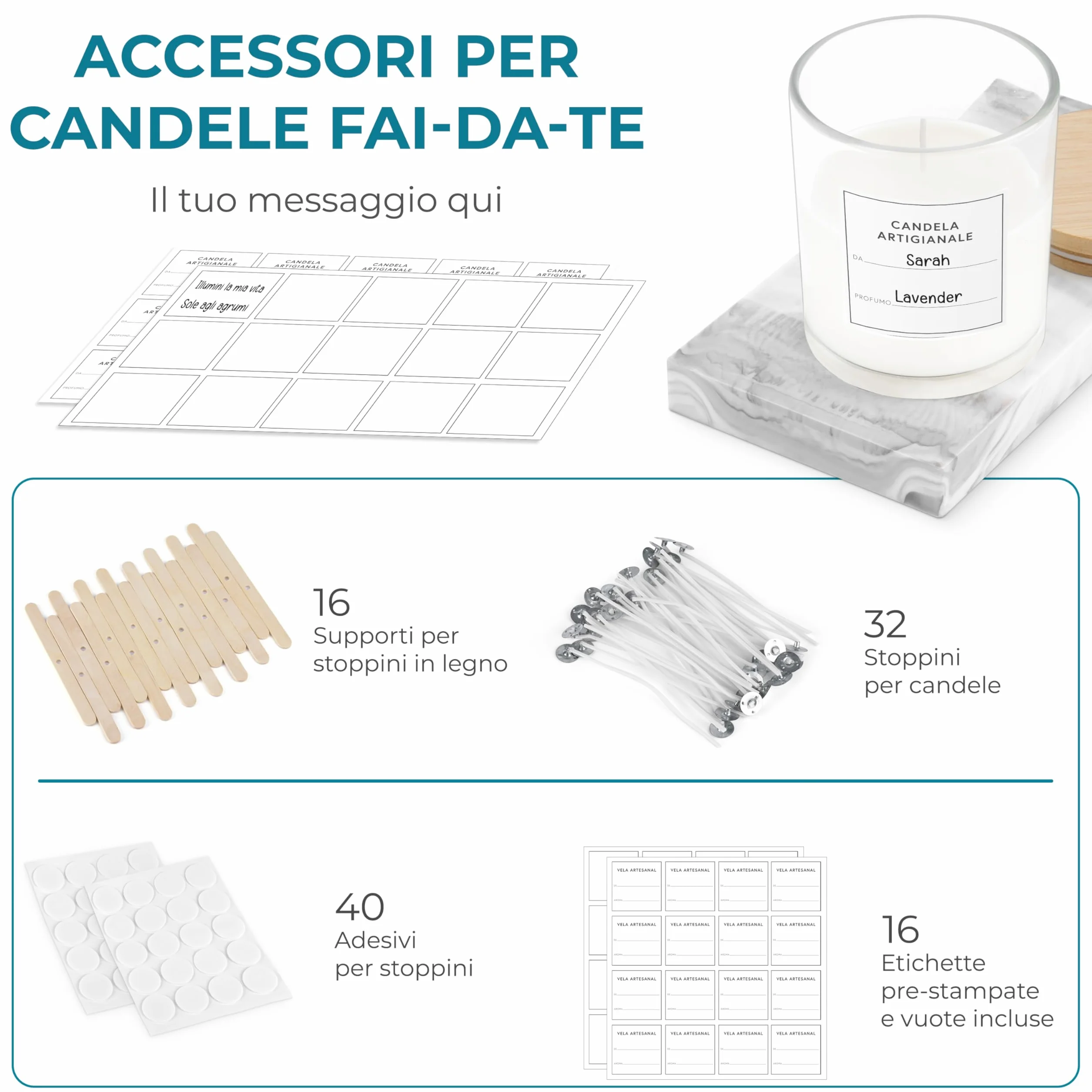 Winter Shore Barattolo di Vetro 300 ml con Coperchio di Bambù 16 Pezzi Kit per Candele