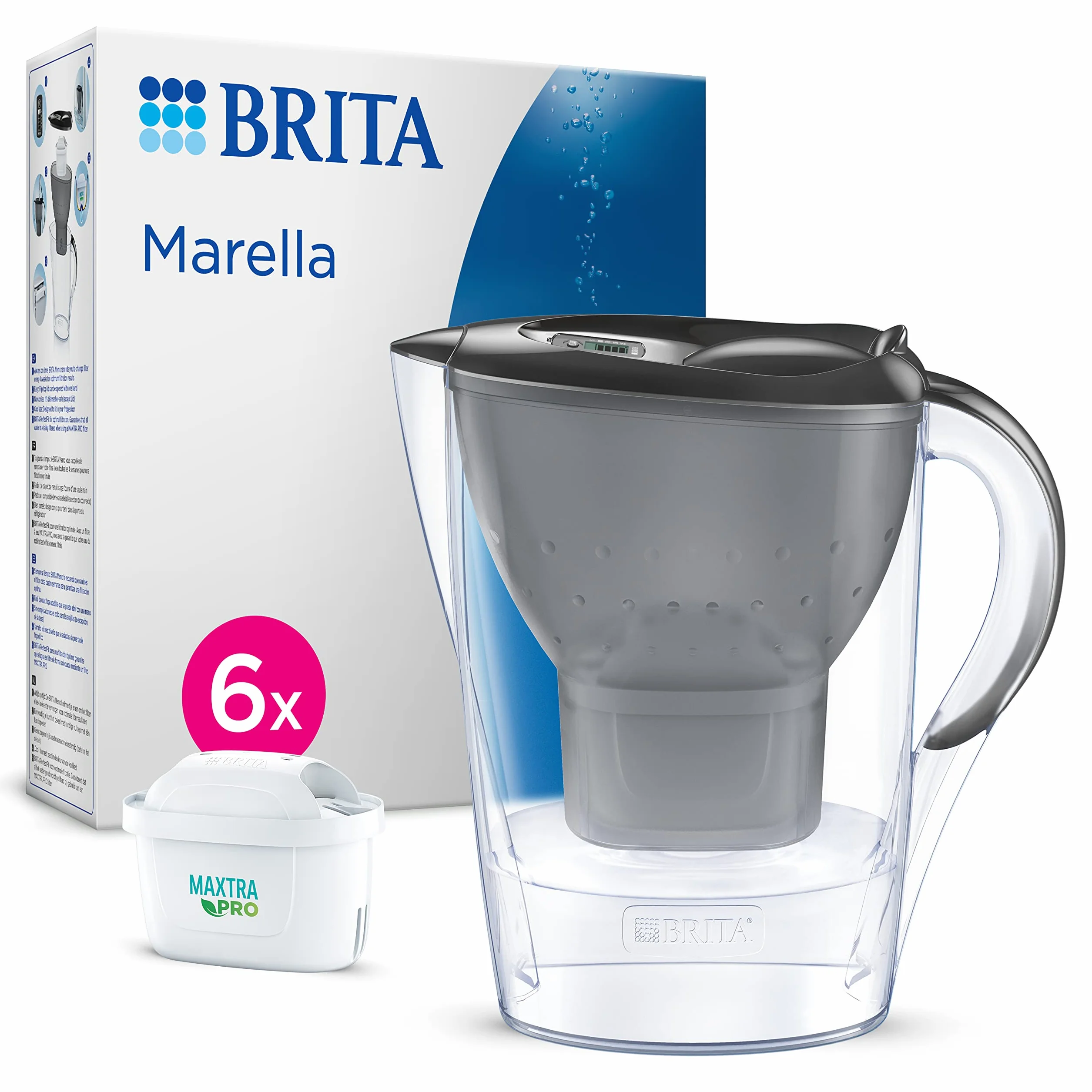 BRITA Marella Grafite Caraffa Filtrante Acqua 2.4L con 6 Filtri MAXTRA PRO All-in-1