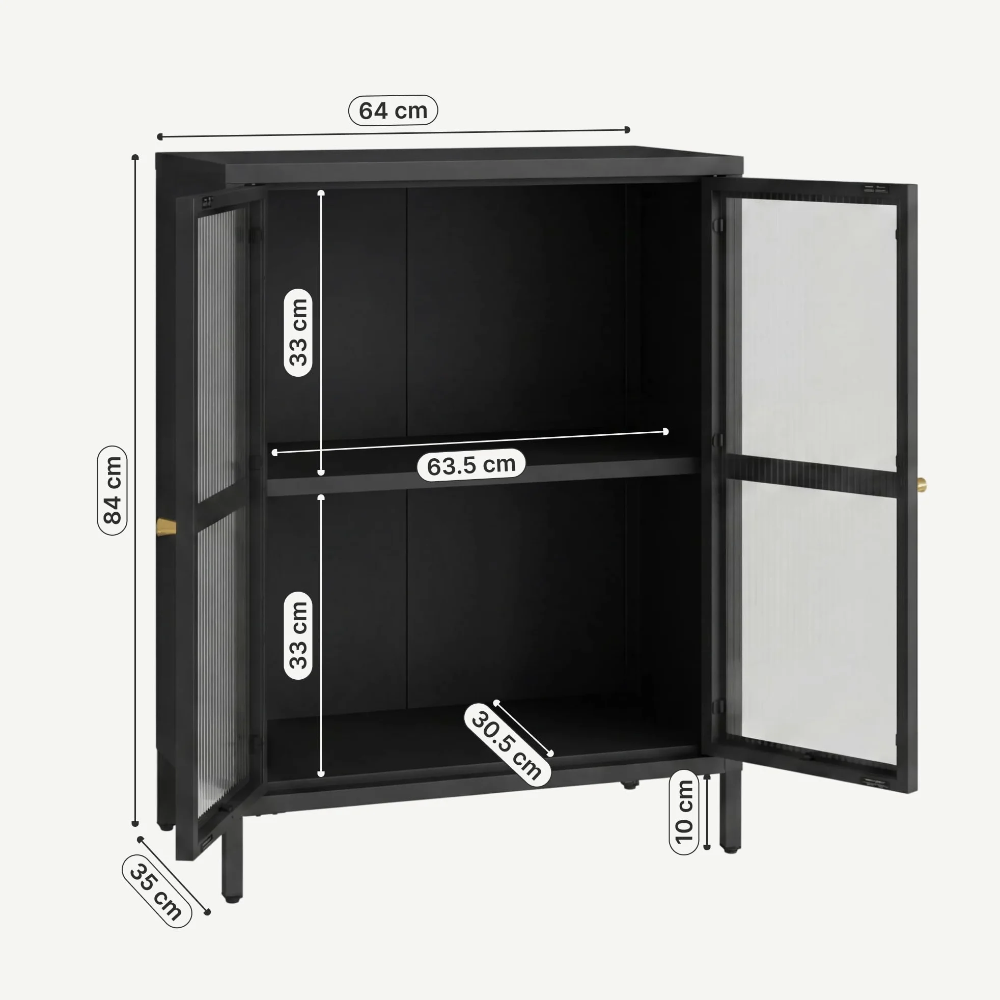 [en.casa] Comò con Ante in Vetro Scanalato Credenza in Acciaio per Soggiorno Mobile Vetrinetta con Scomparto Diviso 84x64x35 cm Nero