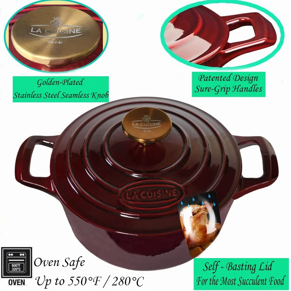 La Cuisine Casseruola in Ghisa Smaltata 20 cm Dia. 2 L. Rivestimento interno in smalto nero opaco, mirtillo rosso, manico del coperchio in acciaio inossidabile placcato oro
