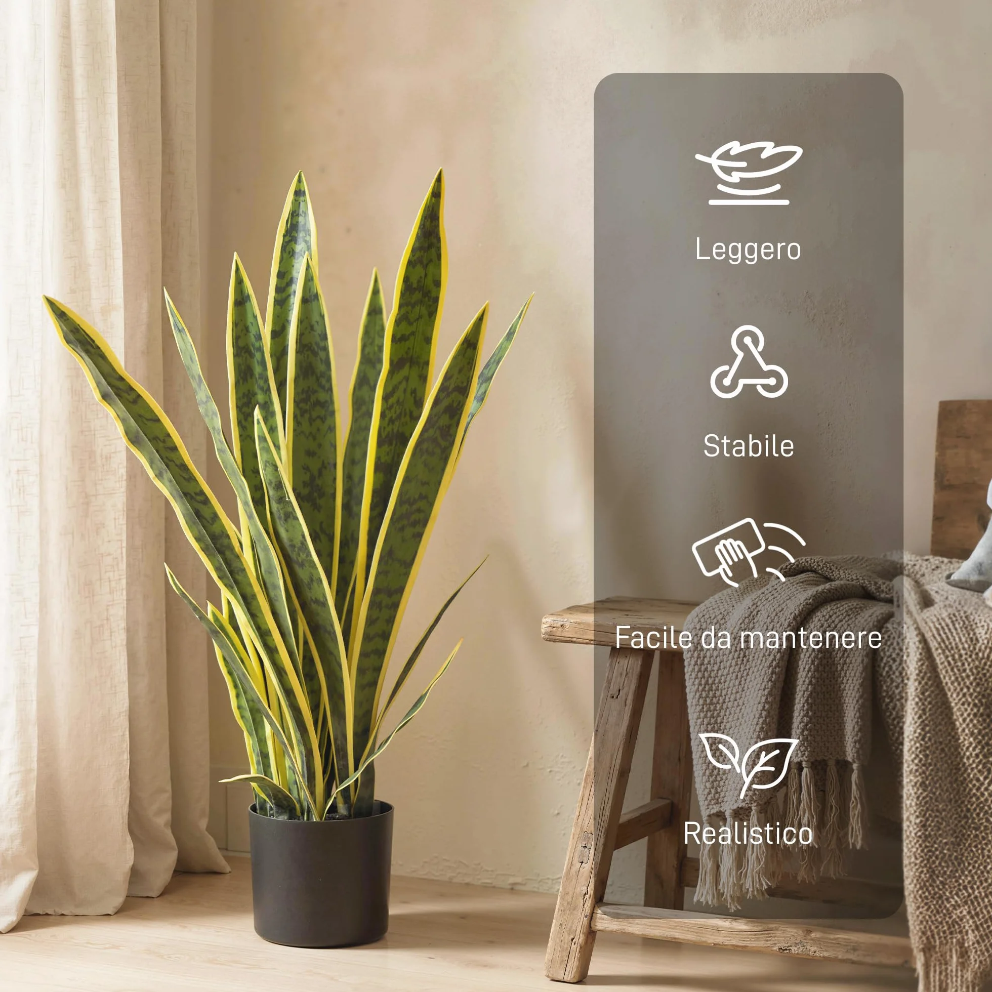 Outsunny Sanseveria Artificiale in Vaso, Pianta Finta da Esterno e Interno con 21 Foglie Modellabili, per Interno ed Esterno, Giardino, Ufficio, Soggiorno, Ø15x77 cm