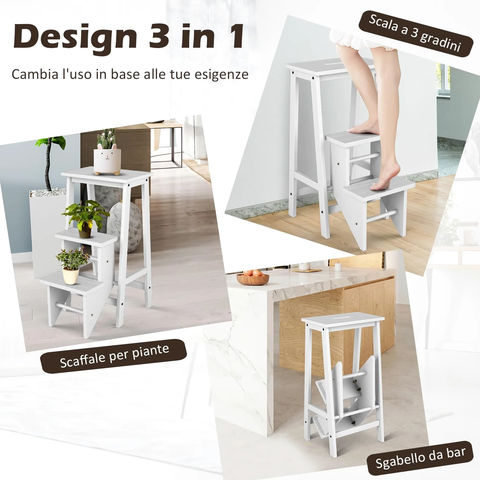 COSTWAY Scaletta Pieghevole, 3 in 1 Scaletta e Sgabello in Legno di Gomma Multifunzione, 3 Gradini, Reversibili Impugnatura, Capacità di Carico 310 kg, Ideale per Studio, Soggiorno (Bianco)