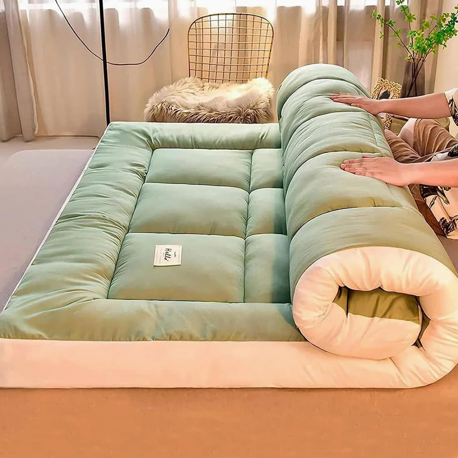 Materasso futon giapponese spesso, extra soffice, tatami, tappetino per dormire pieghevole, morbido, traspirante e arrotolabile per soggiorno, dormitorio, ospite, campeggio, divano (verde)