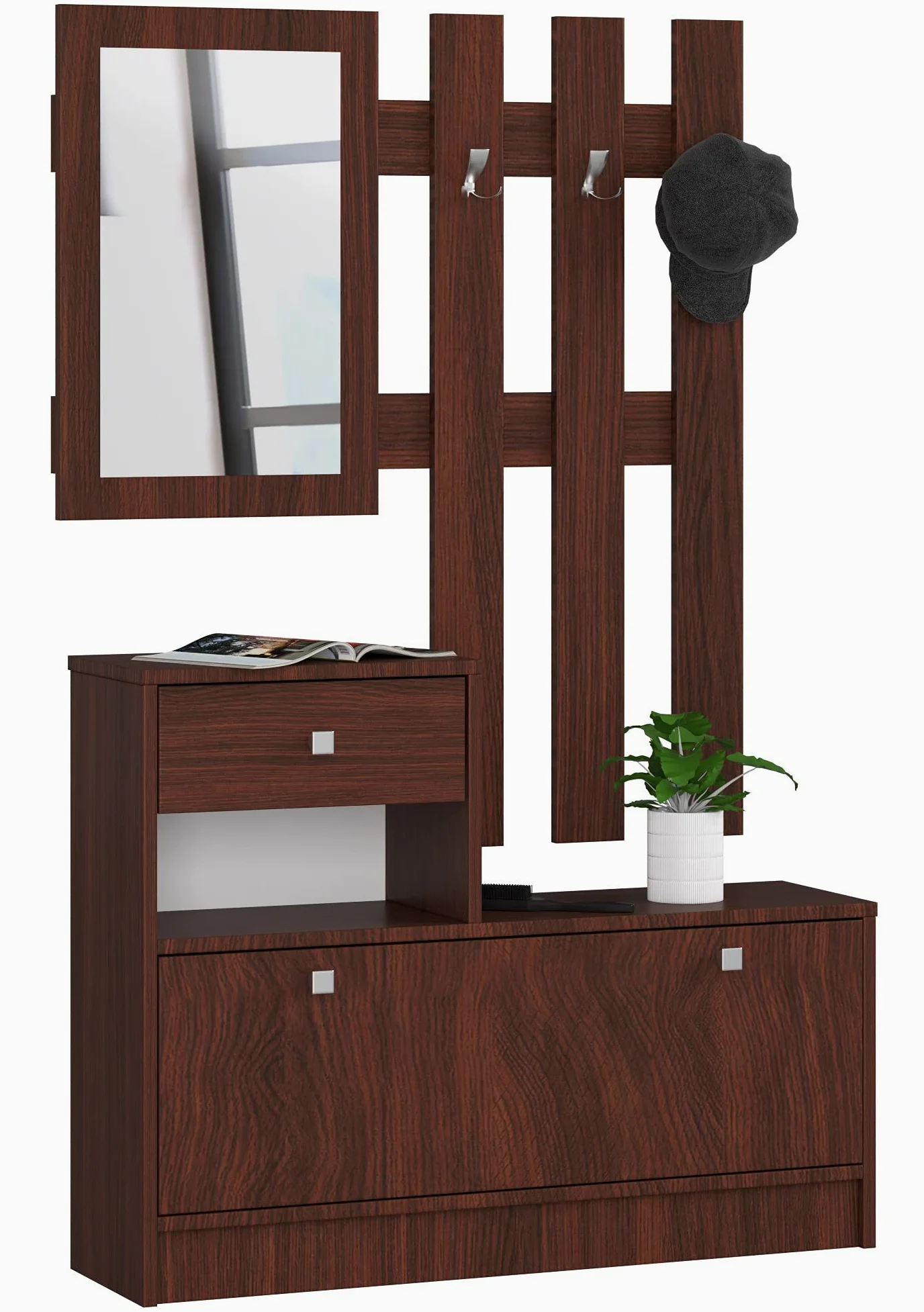 AKORD | Guardaroba Completo 2 Pezzi | Scarpiera con Piano e Cassetto 90 x 70 x 25 cm | e Appendiabiti a Muro con Specchio 90 x 100 cm | Set Completo Ingresso | Peso 39 kg | Wenge