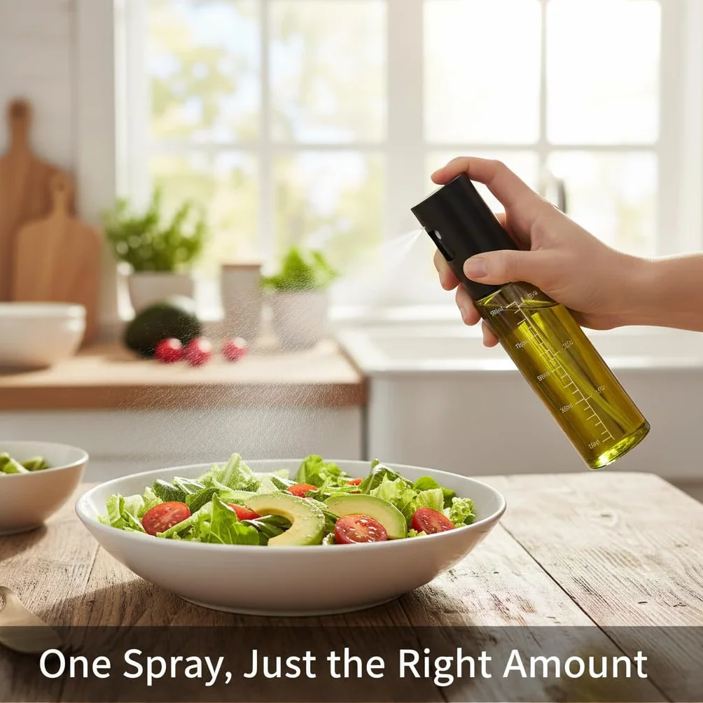 Spruzzatore Olio per Cucina in Vetro BPA Free con Scala, Imbuto e Spazzola - Oliera Spray per Air Fryer, BBQ, Insalata