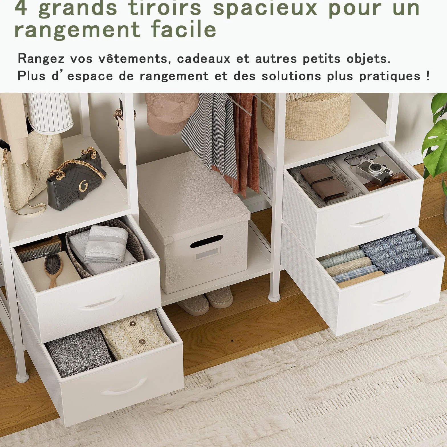 Stand Appendiabiti, Cabina Armadio con 3 Barre e 4 cassetti, Appendiabiti con 4 Ganci Rimovibili, Armadio Aperto Moderno, per Camera da Letto o Ingresso, Bianco
