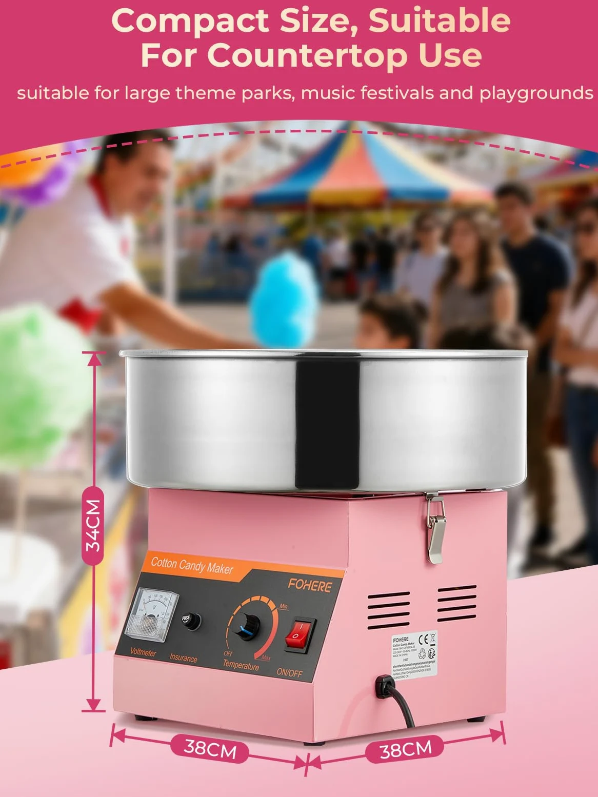 FOHERE Macchina Zucchero Filato Commerciale, Elettrodomestici Macchina per Zucchero Filato da Banco Commerciale 1000W Capienza Ciotola,per Compleanni, Feste Eventi Carnevale, Rosa