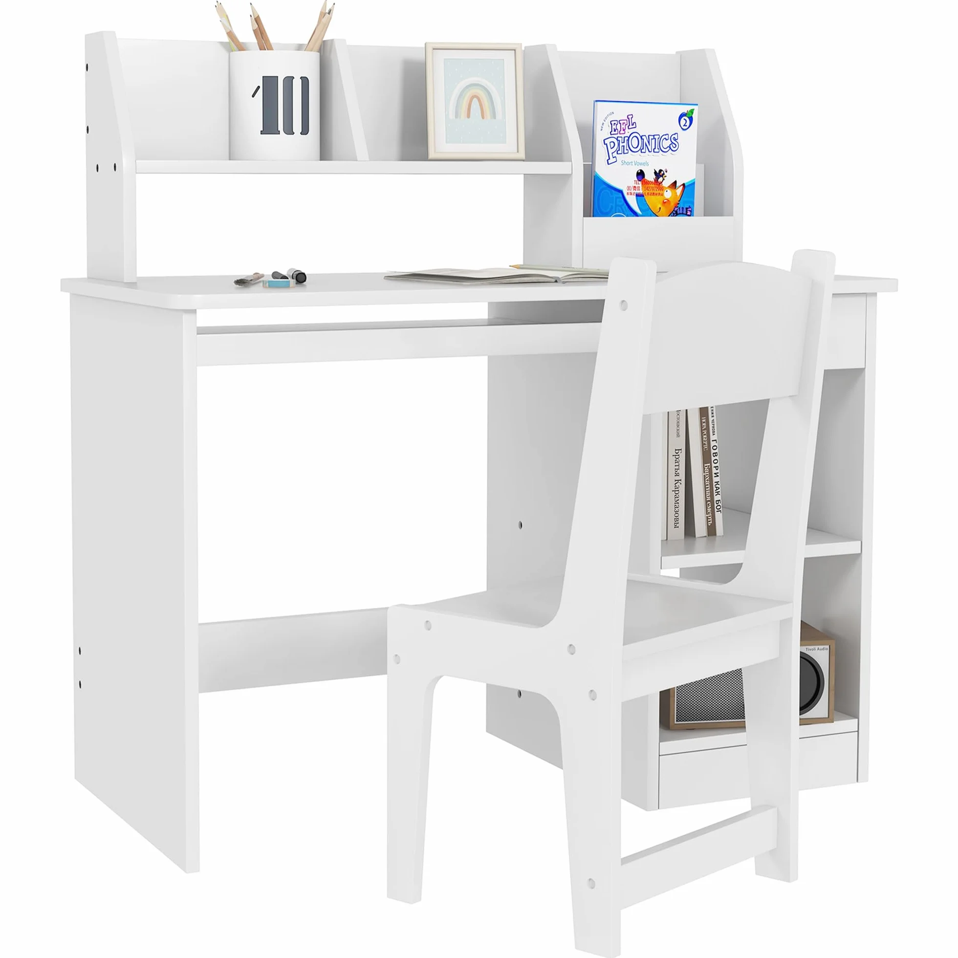 ZONEKIZ Tavolo Scrivania per Bambini con Sedia, Banco Scuola per Bambini da 5 a 8 Anni in Legno con Scaffale e Seggiola, Bianco