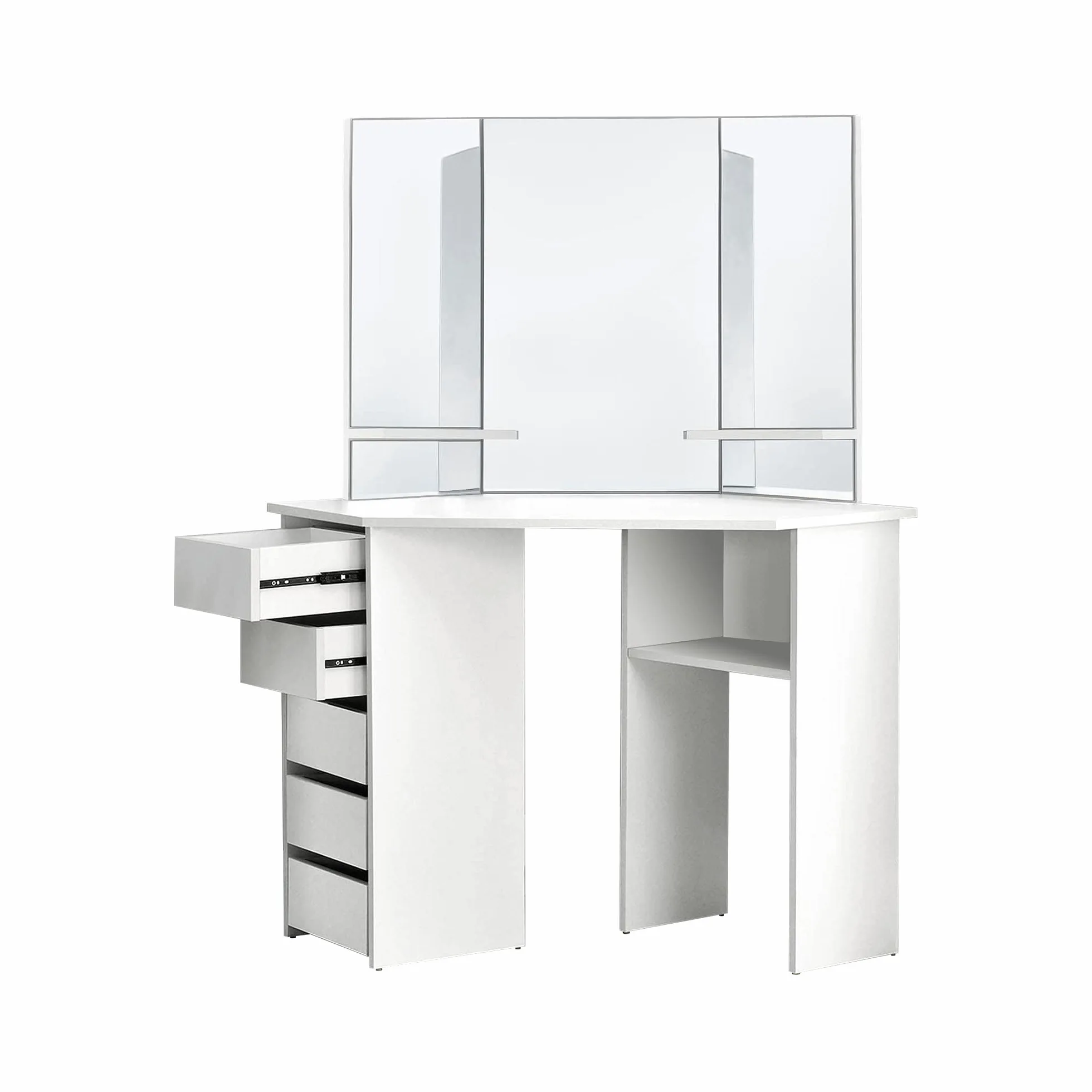 ML-Design Tavolo Cosmetico ad Angolo Bianco da Trucco con 3 Specchi 5 Cassetti e 3 Scomparti 110 x 141,5 x 54 cm Tavolino da Toelette per Donne e Ragazze Spogliatoio in Legno MDF