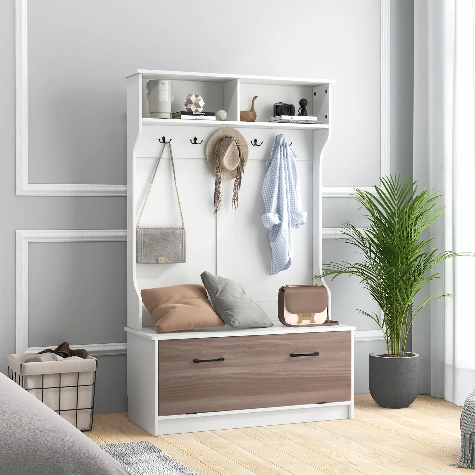 GIANTEX Appendiabiti con Panca da Scarpe, Armadio con Panca Portaoggetti e 5 Ganci e Scomparti, Mobile d'Ingresso Moderno per Corridoio, Camera da Letto, 100x40x160 cm (Bianco)