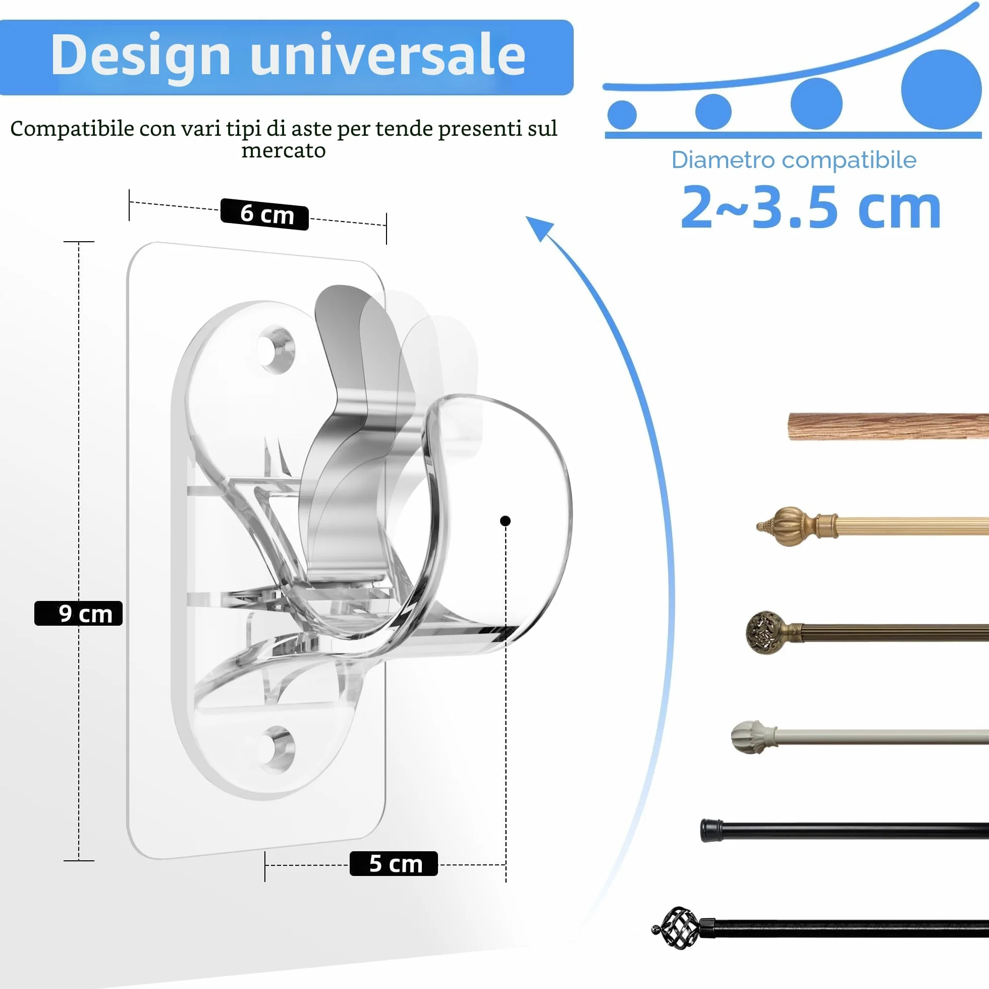 Ganci per Tende Senza Bucare, Ganci Adesivi per Tende con Viti, Staffa per Barre per Tende Trasparente 4 Pezzi