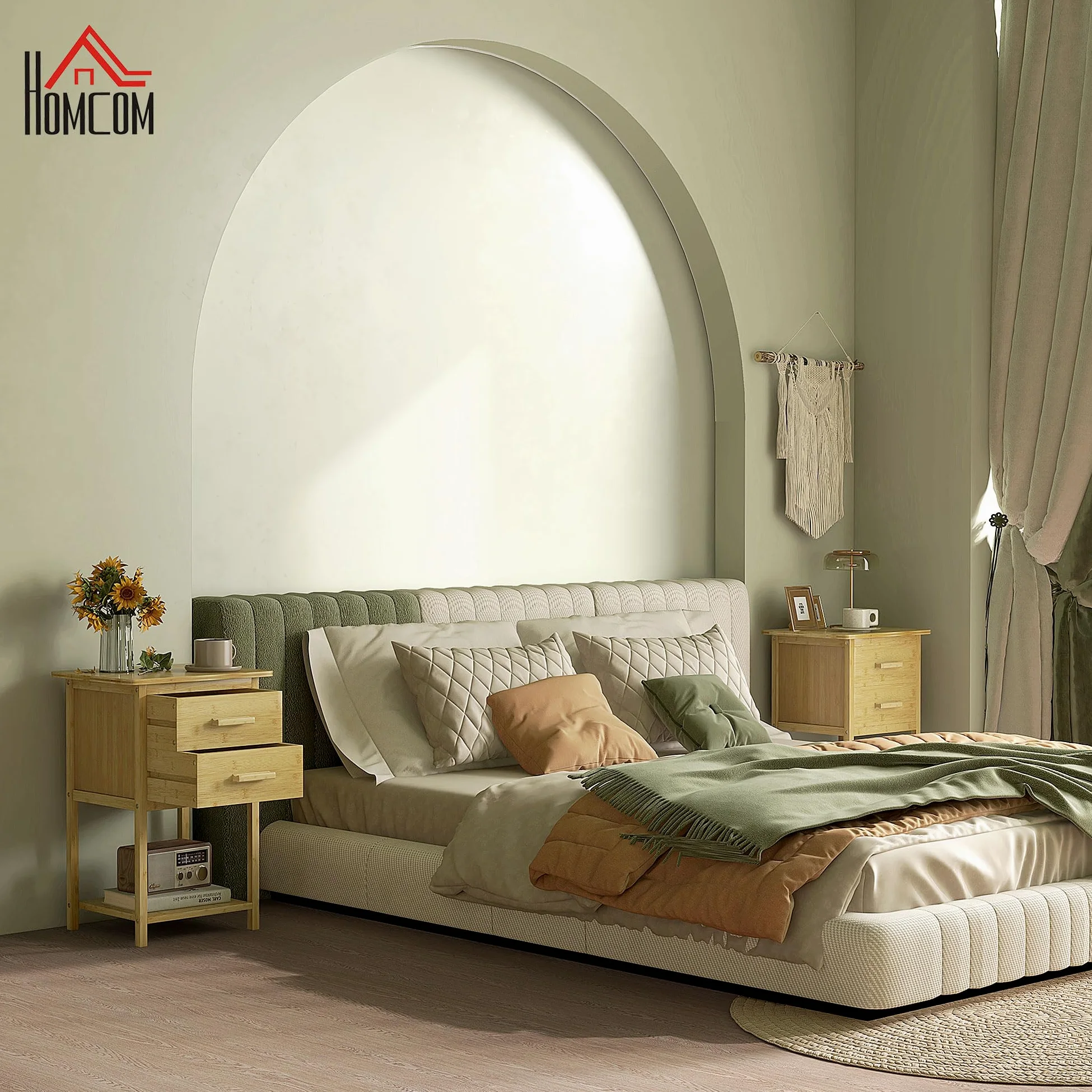 HOMCOM Set 2 Comodini con 2 Cassetti e Ripiano, 40x34x60 cm, Color Legno | Ripiano Inferiore, Stile Nordico, Comodini Moderni in Bambù