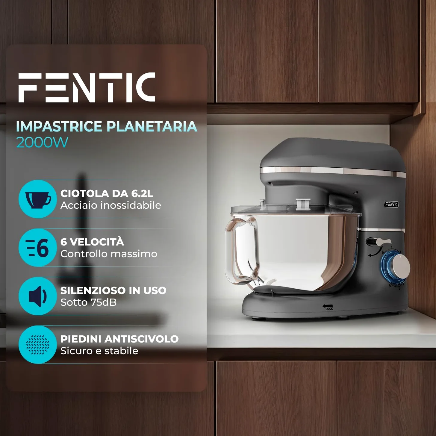 Impastatrice Planetaria - 2000W - Ciotola in Acciaio Inossidabile (6,2 L) - Impastatrice con Frusta, Gancio Impastare e Mescolatore - Inclusa e accessori extra - Antracite