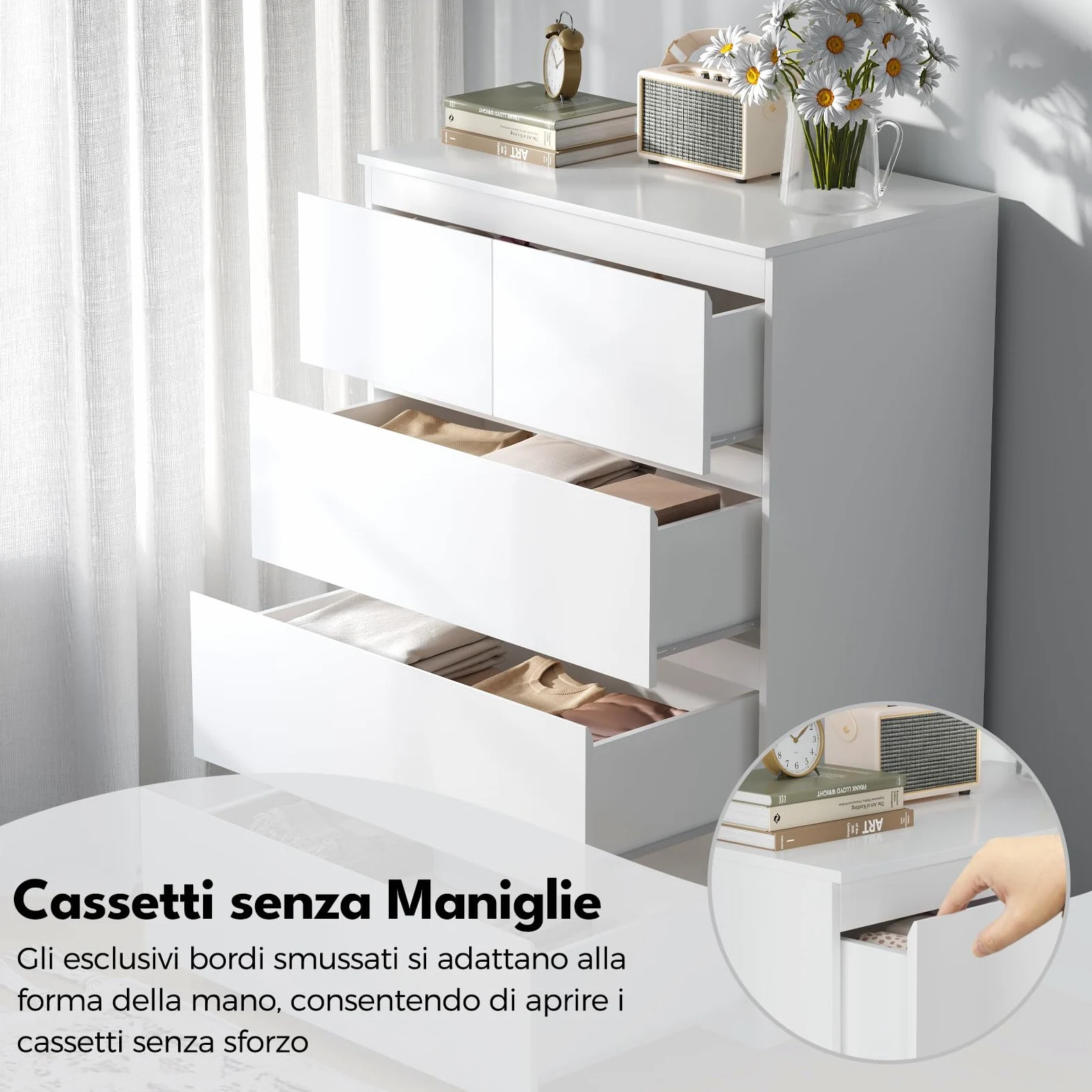 BEWISHOME Cassettiera Camera da Letto Moderna,Settimino con 5 Cassetti,Cassettiera Bianca,Salvaspazio,Mobile Camera da Letto per Soggiorno,Bagno e Ingresso,68x38x94 cm,EKCG07W