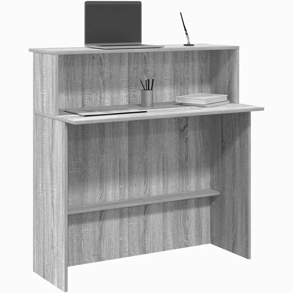 Banco reception grigio sonoma in legno multistrato 100x50x103,5 cm con ripiano integrato e cassetto per ufficio studio e smartworking, mobile per postazione lavoro e computer