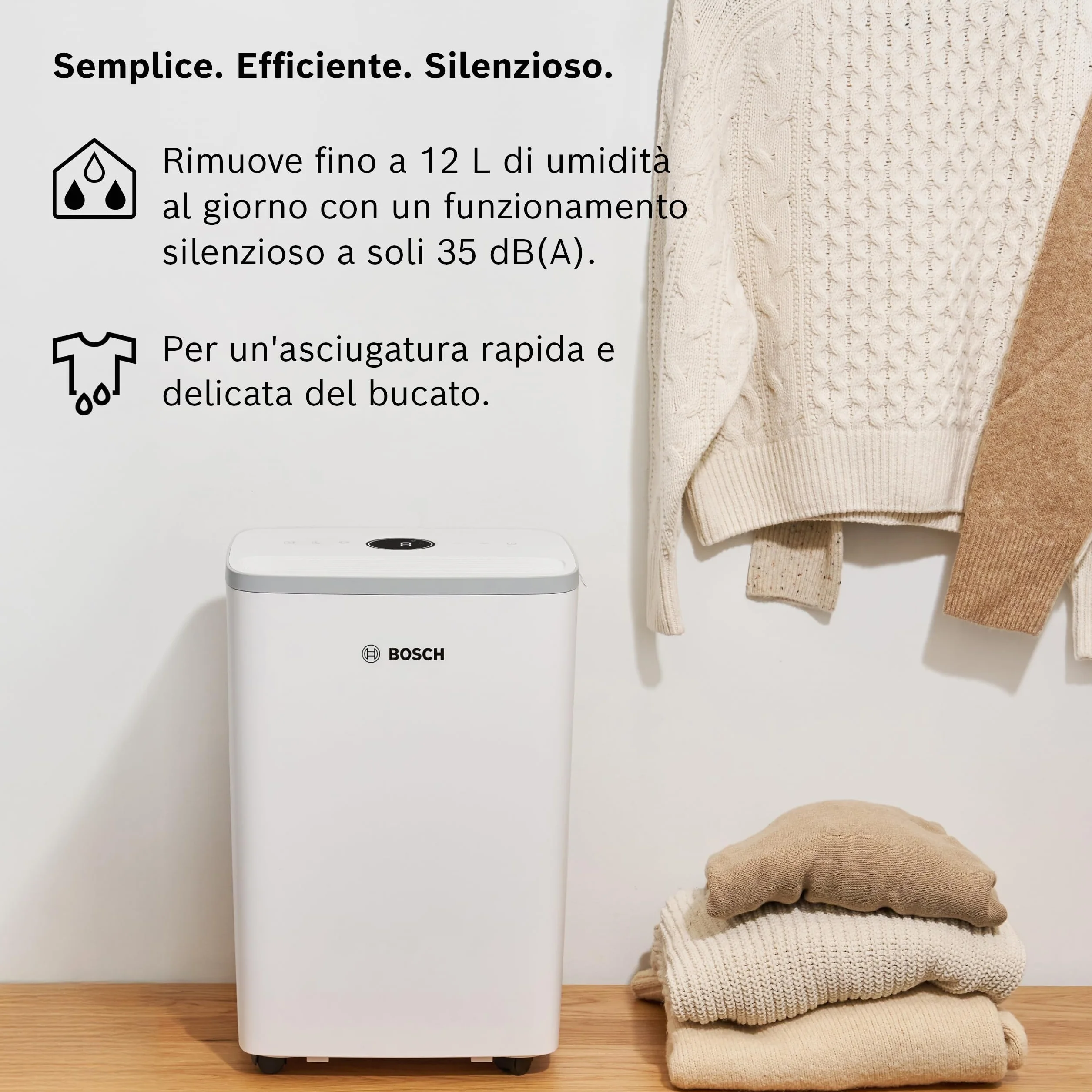 Bosch Dry 2000 - Deumidificatore - Facile. Efficiente. Tranquillo. Per la tua casa e la tua camera da letto - Per Stanze fino a 24 m² - Asciugatura rapida per il tuo bucato