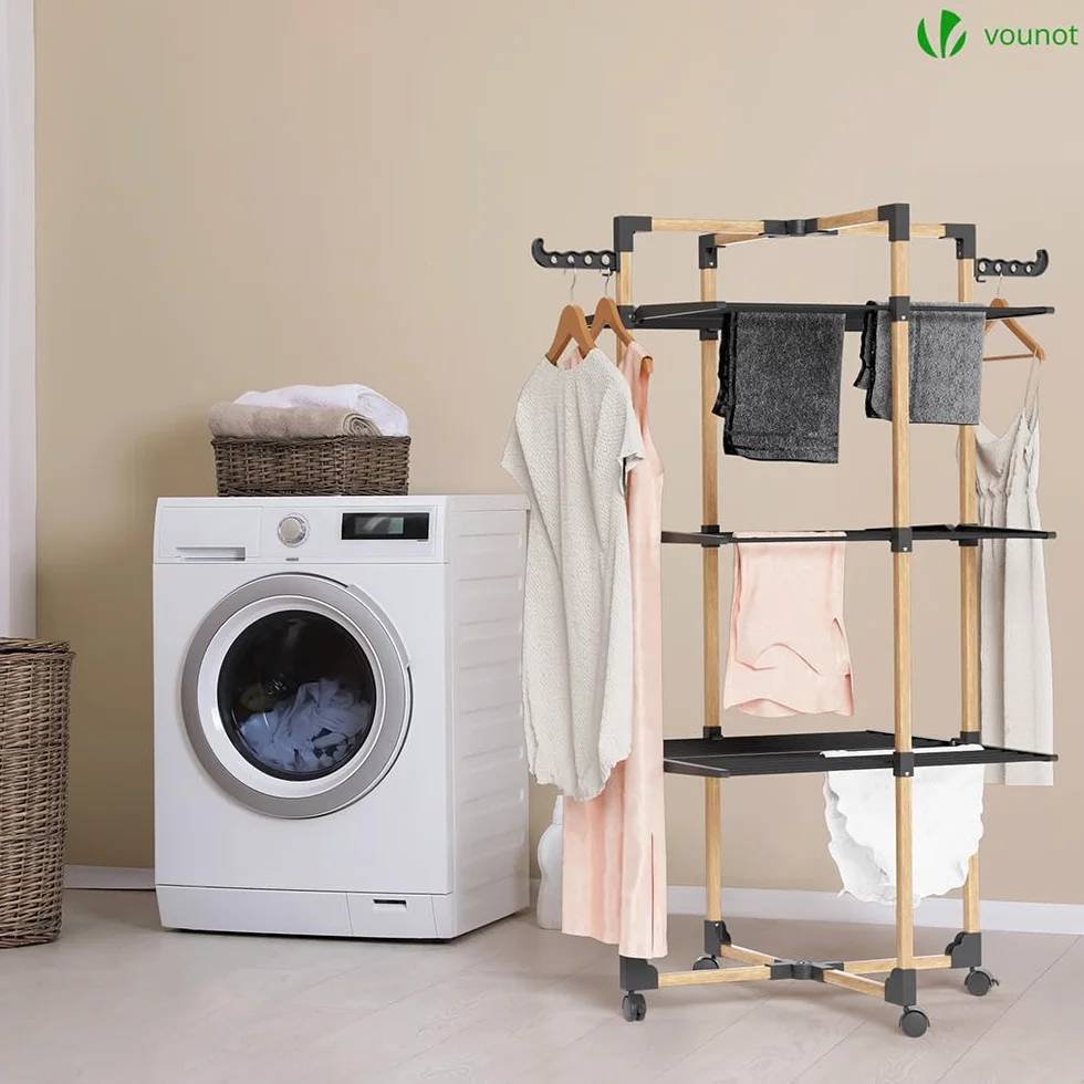 VOUNOT® Stendibiancheria Verticale a Torre 3 Livelli, Modular 3 Stendino Salvaspazio con 4 Ruote per Interni o Esterni, Nero
