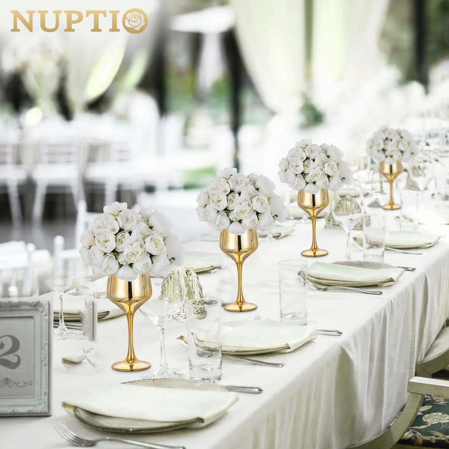 NUPTIO Piccolo Vaso di Vetro con Fiori: 2 Set 21cm Vasi D'oro con Fiori Artificiali Bianchi per Centrotavola Matrimonio, Finta Peonia Composizione Bouquet per Festa Compleanno Decorazioni per Casa