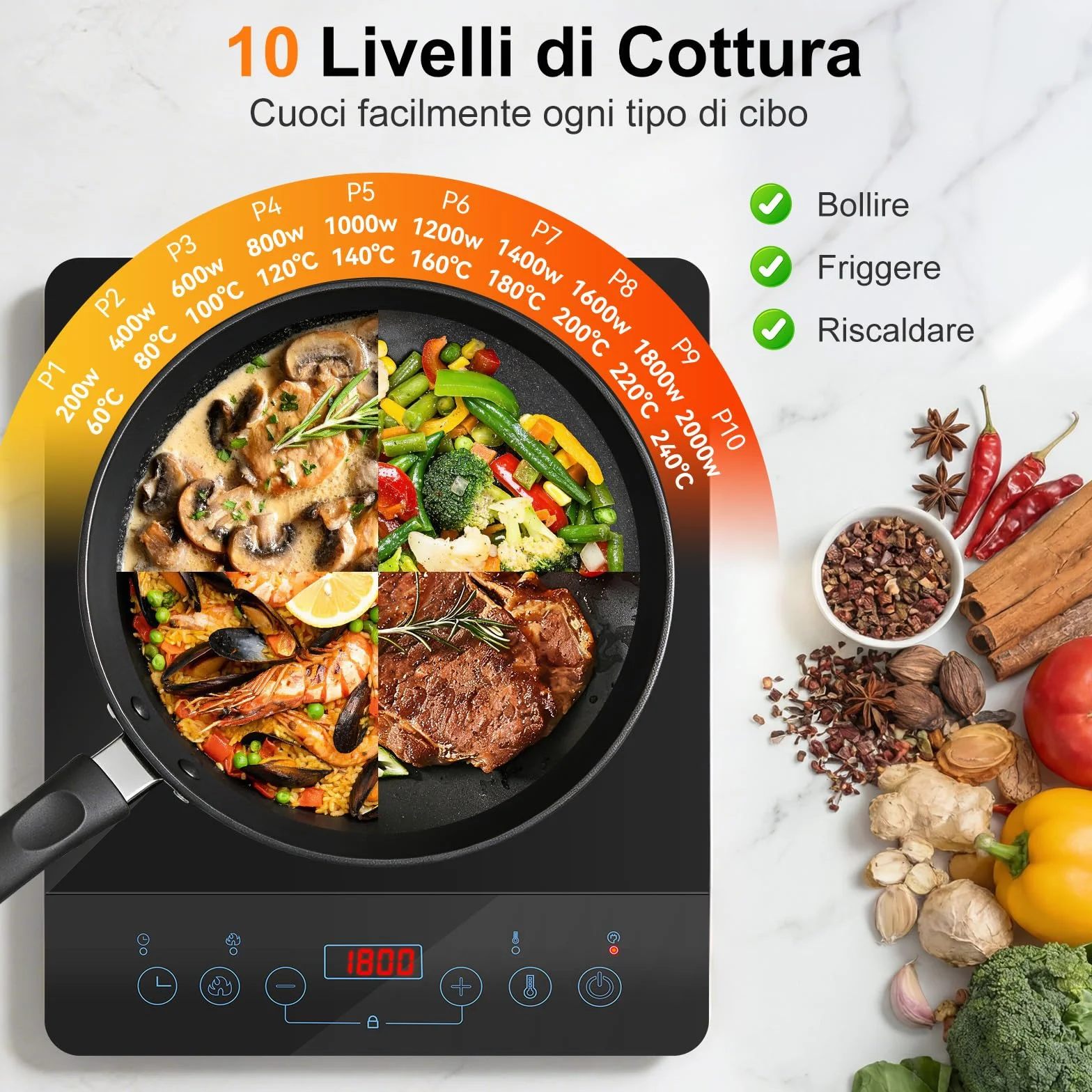 Aigostar Flame Piastra a Induzione Portatile 2000W Ultra Sottile 10 Livelli 60-240°C