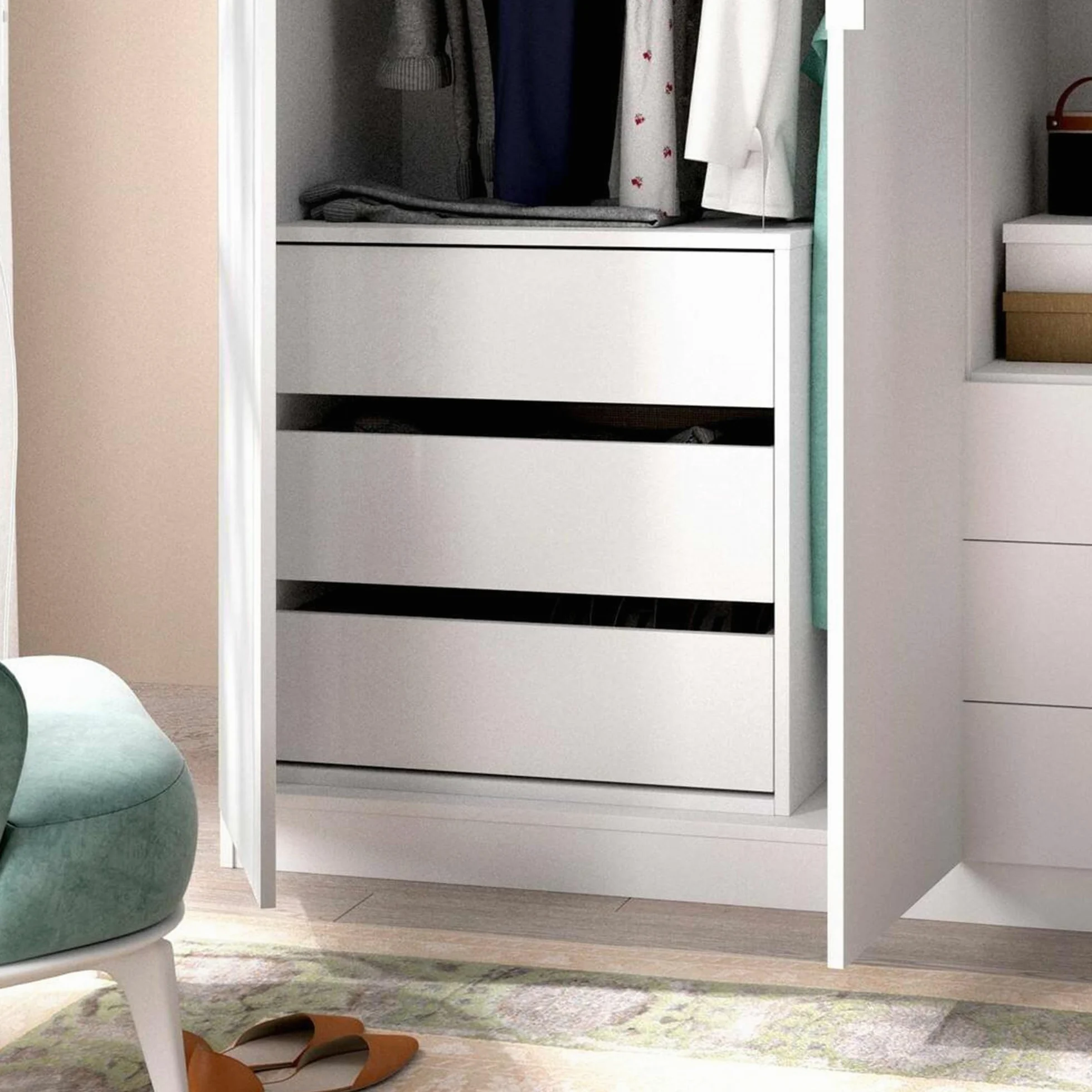 Dmora - Cassettiera Vinson, Settimanale per interno armadio, Comò per camera da letto con 3 cassetti, 60x40h60 cm, Bianco