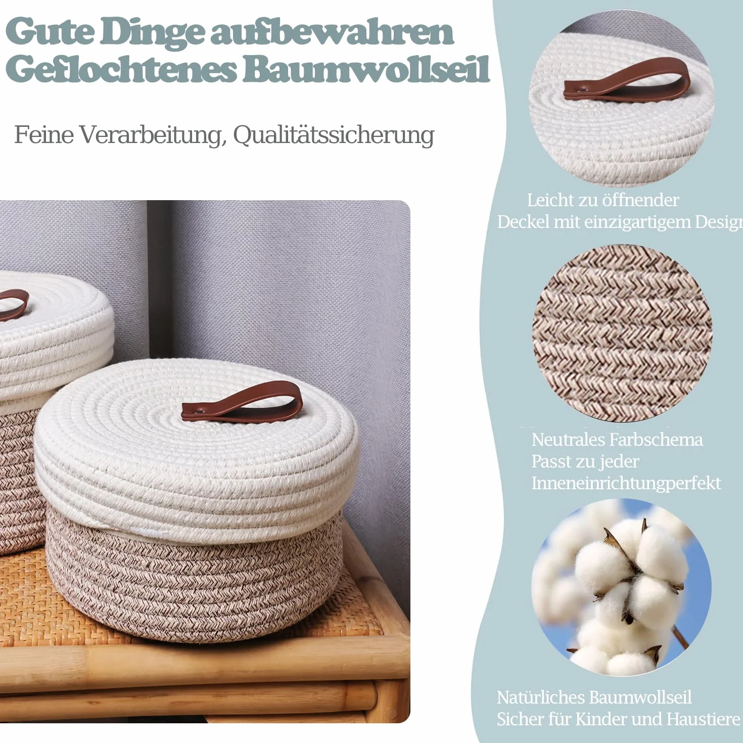 Cestini Portaoggetti con Coperchi 2 Pezzi - Cestino in Corda di Cotone Naturale con Fibbia in Pelle Decorativo